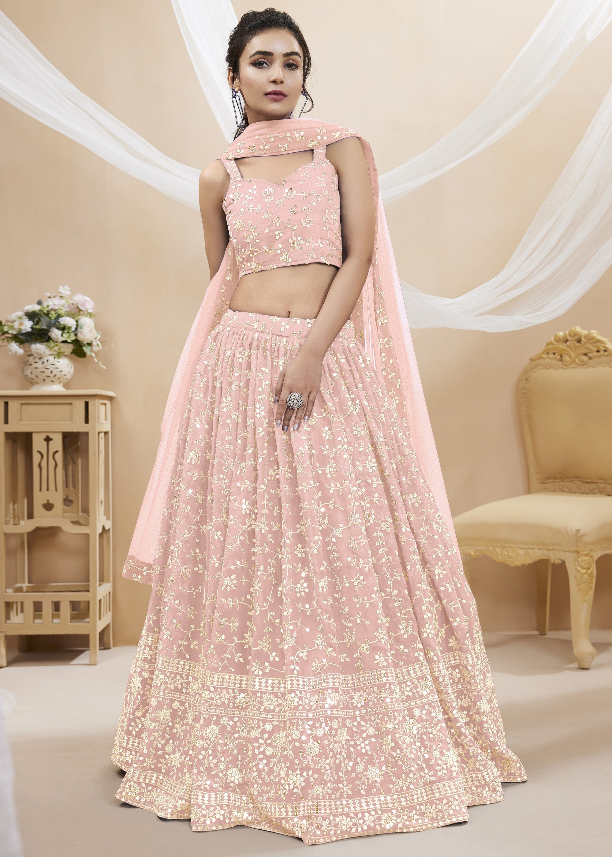 Blush Pink Georgette Lehenga Choli With Sequins Zari Embroidered Work | Ready To Wear - qivii