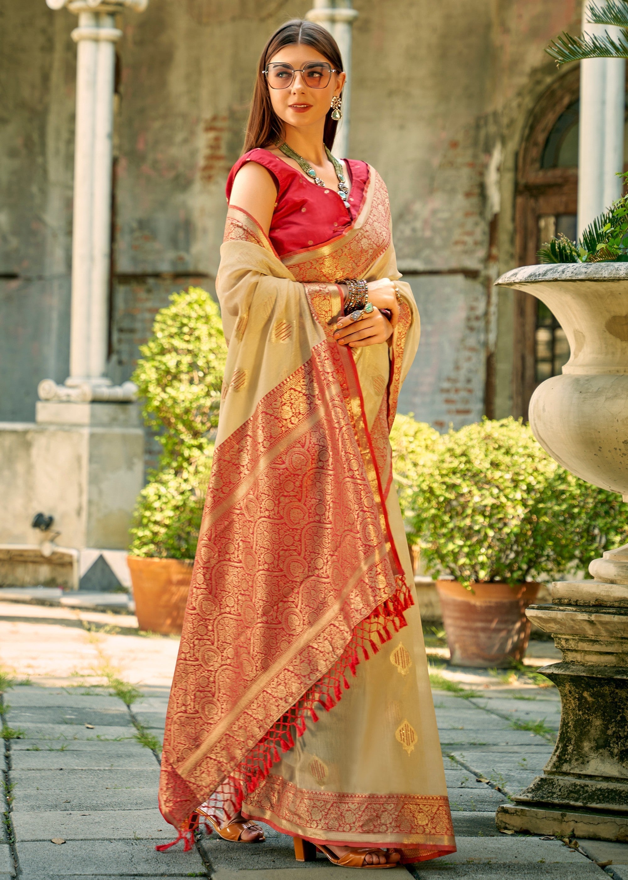 Sand Brown Soft Tissue Silk Saree With Contrast Border - qivii