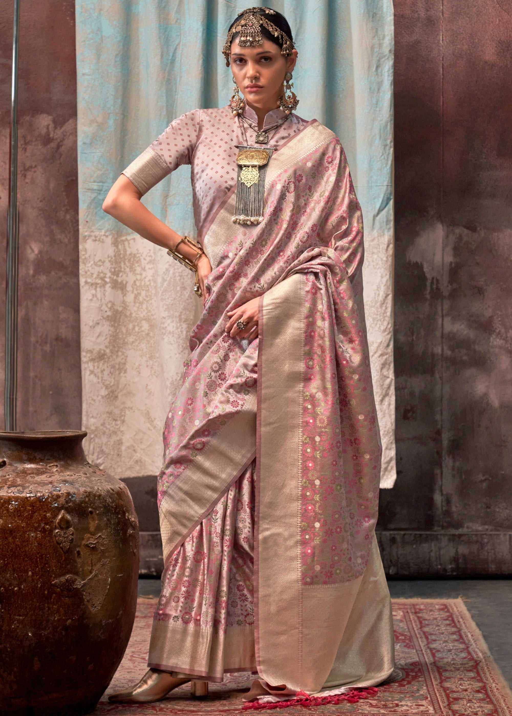 Pink Pure Satin Handloom Weaving Silk Sarees - qivii