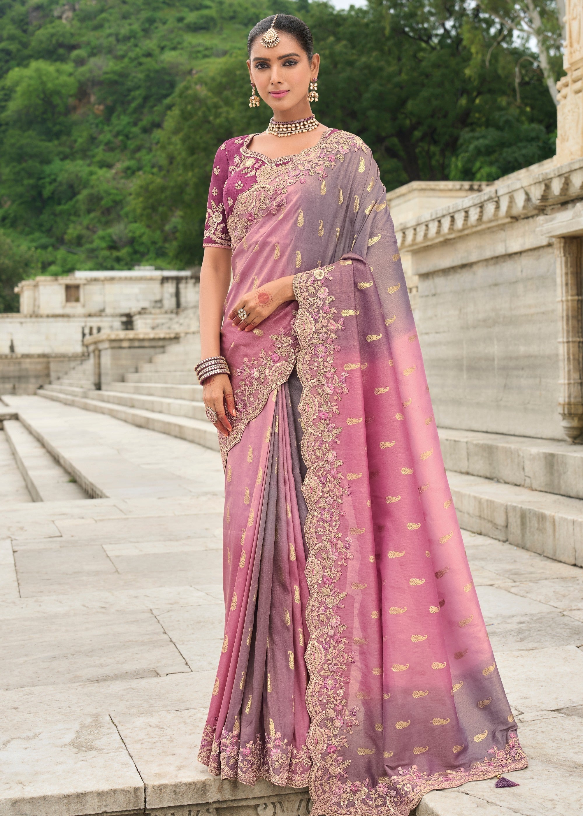 Mauve Purple And Pink Viscose Tissue Silk Saree With Embroidery Cut Work Border And Sequence Work - qivii
