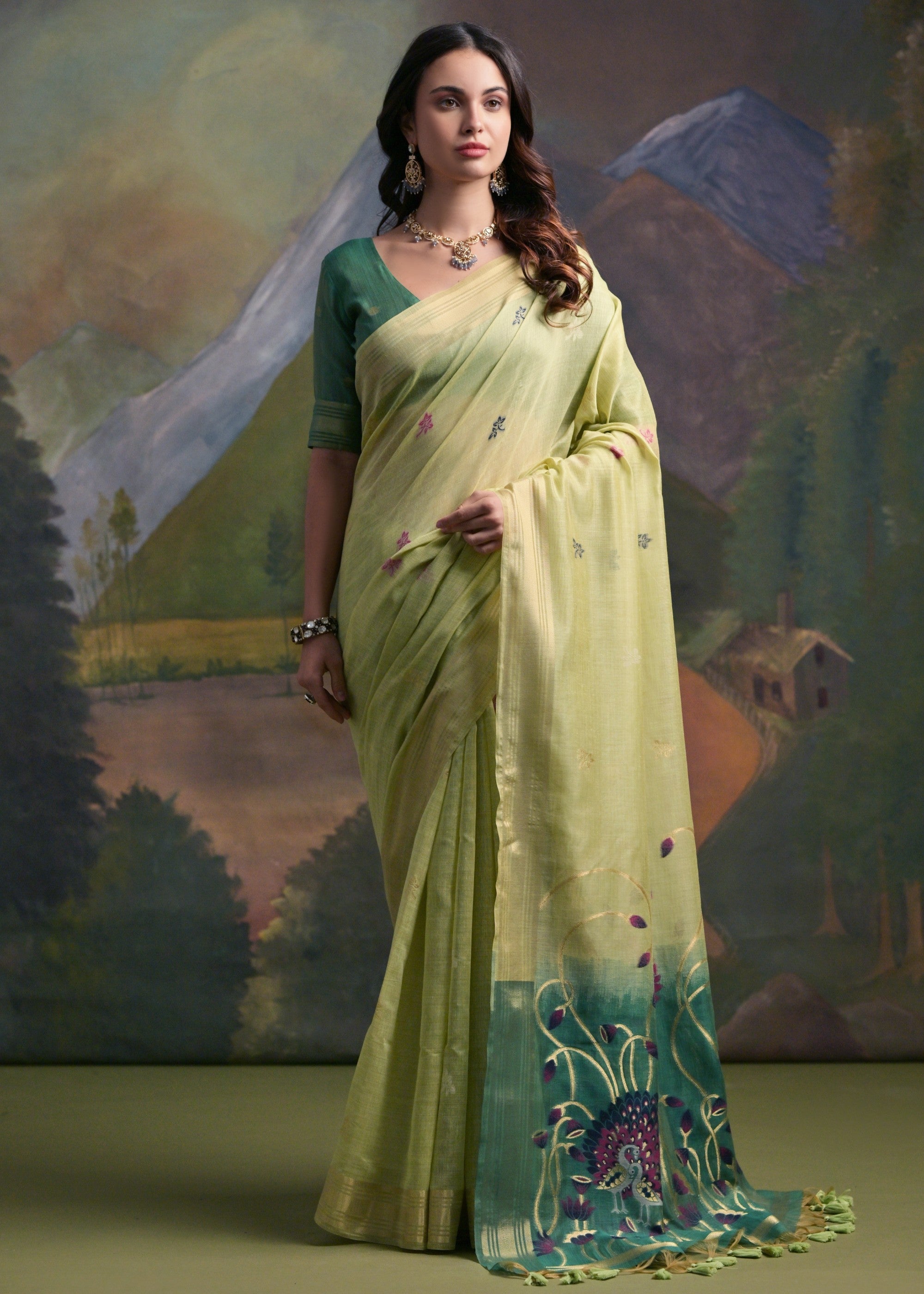 Tea Green Thread Woven Cotton Saree With Contrast Blouse And Pallu - qivii