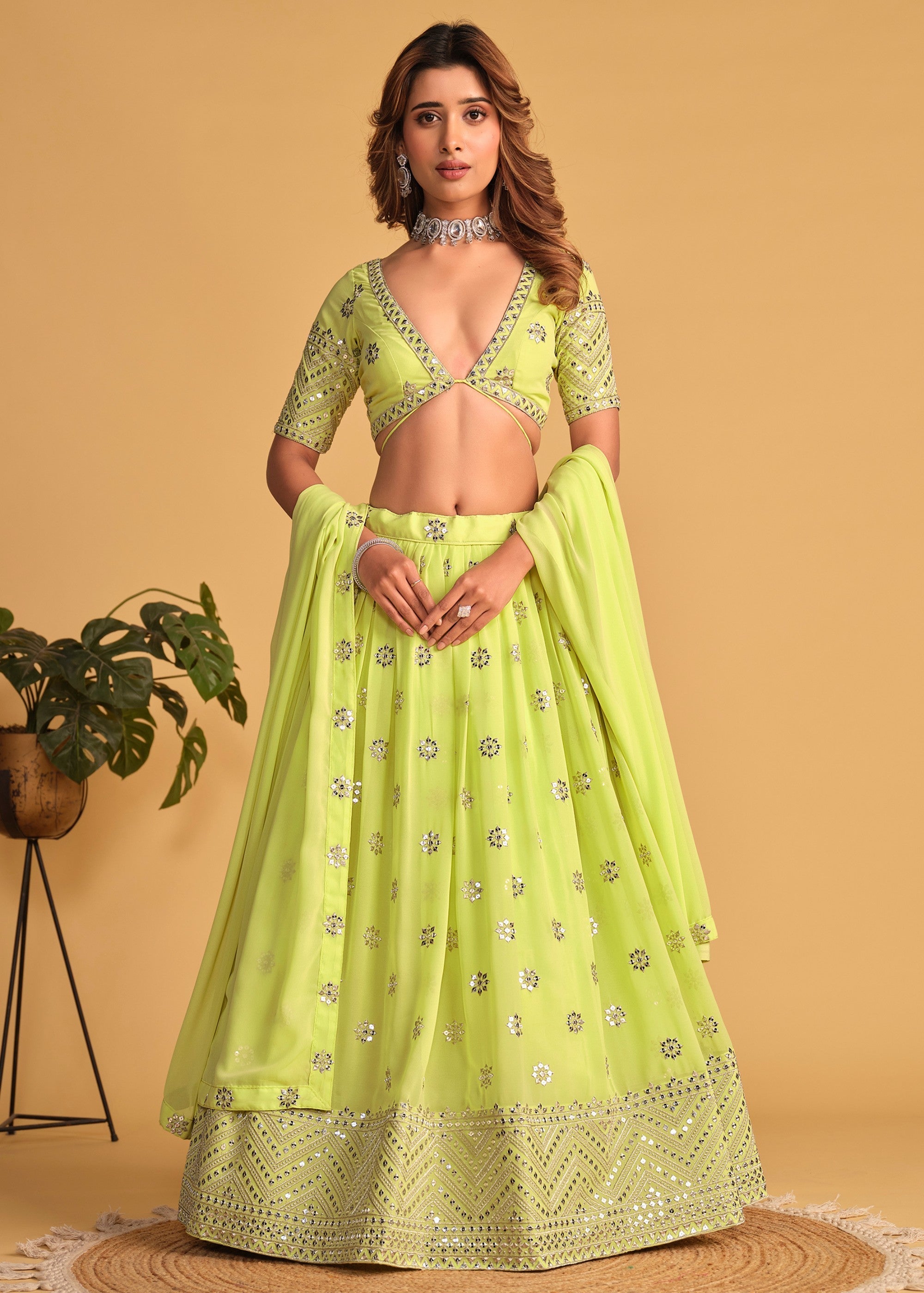 Neon Green Georgette Lehenga Choli With Sequins Zari Embroidered Work | Ready To Wear - qivii