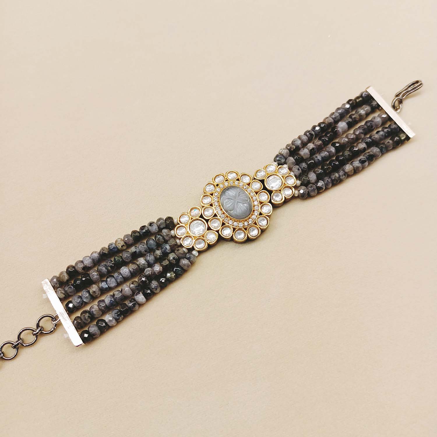 Tanvi Grey Stone Gold And Rhodium Plated Flexible Bracelet - qivii