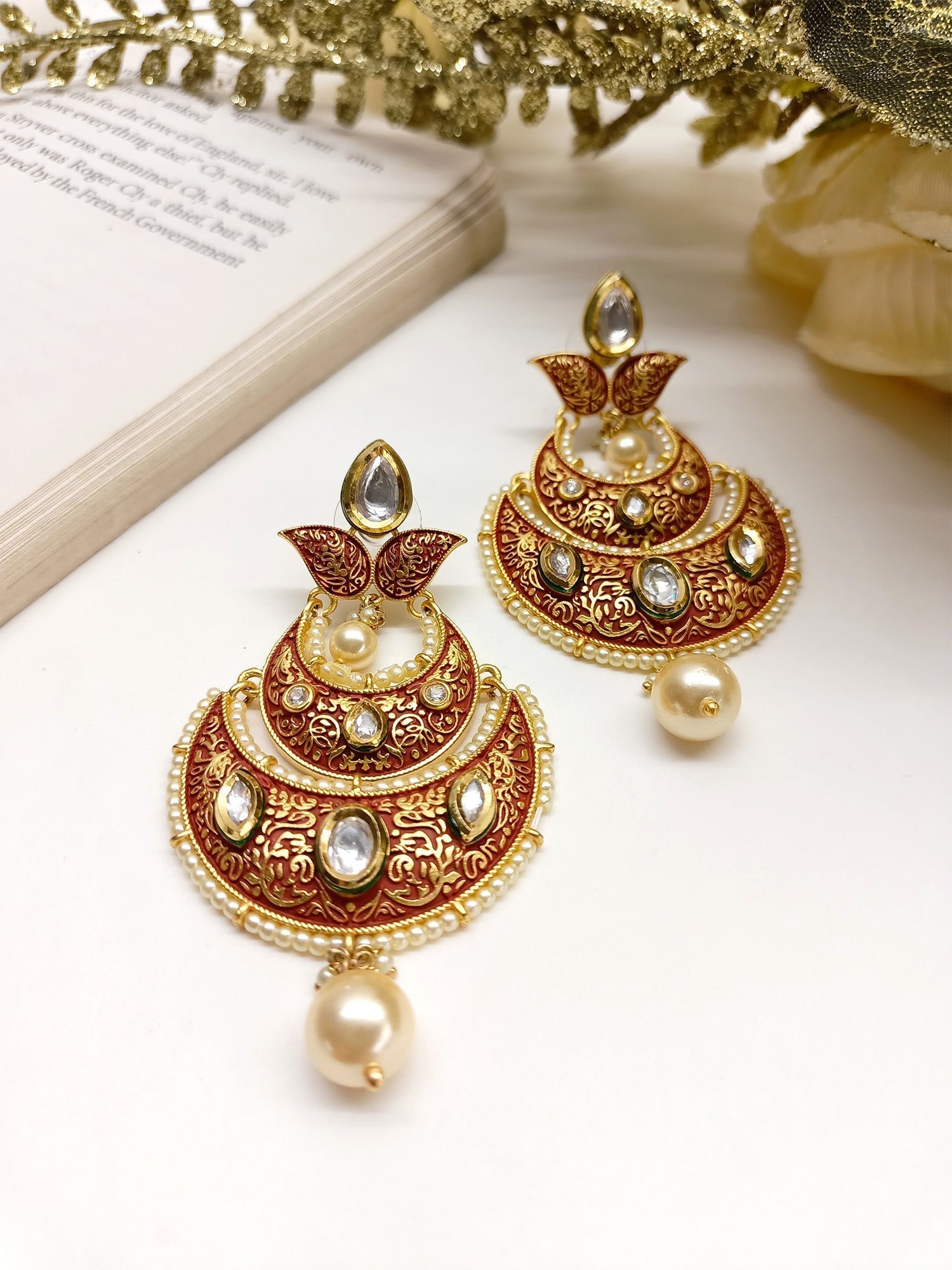 Haridra Dark Brown Kundan Meenakari Chaandbali - Intricately designed traditional Indian earrings