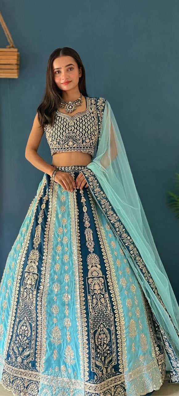 BLUE FAUX GEORGEET WITH EMBROIDERY SEQUENCE ZARI DESIGN WORK LEHENGA - INSPIRED | Ready To Wear - qivii