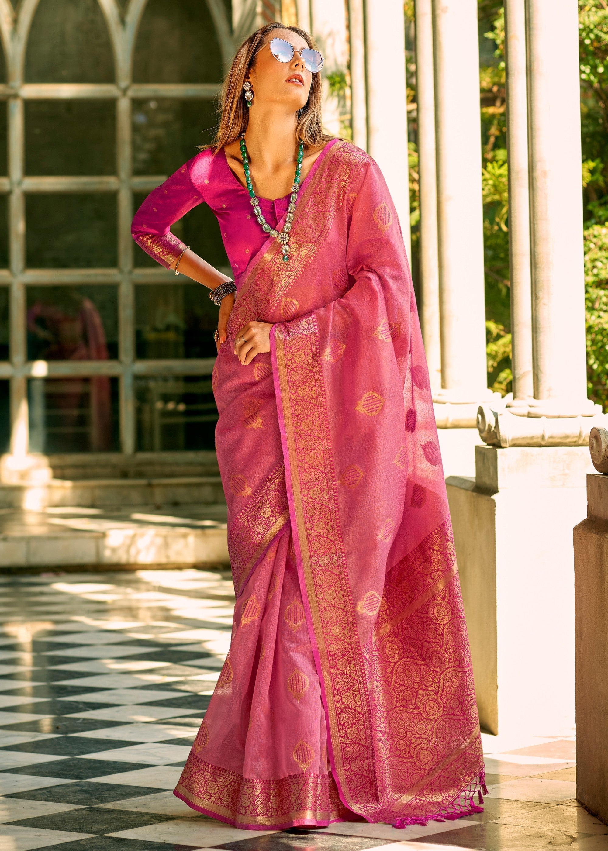 Barbie Pink Soft Tissue Silk Saree With Contrast Border - qivii