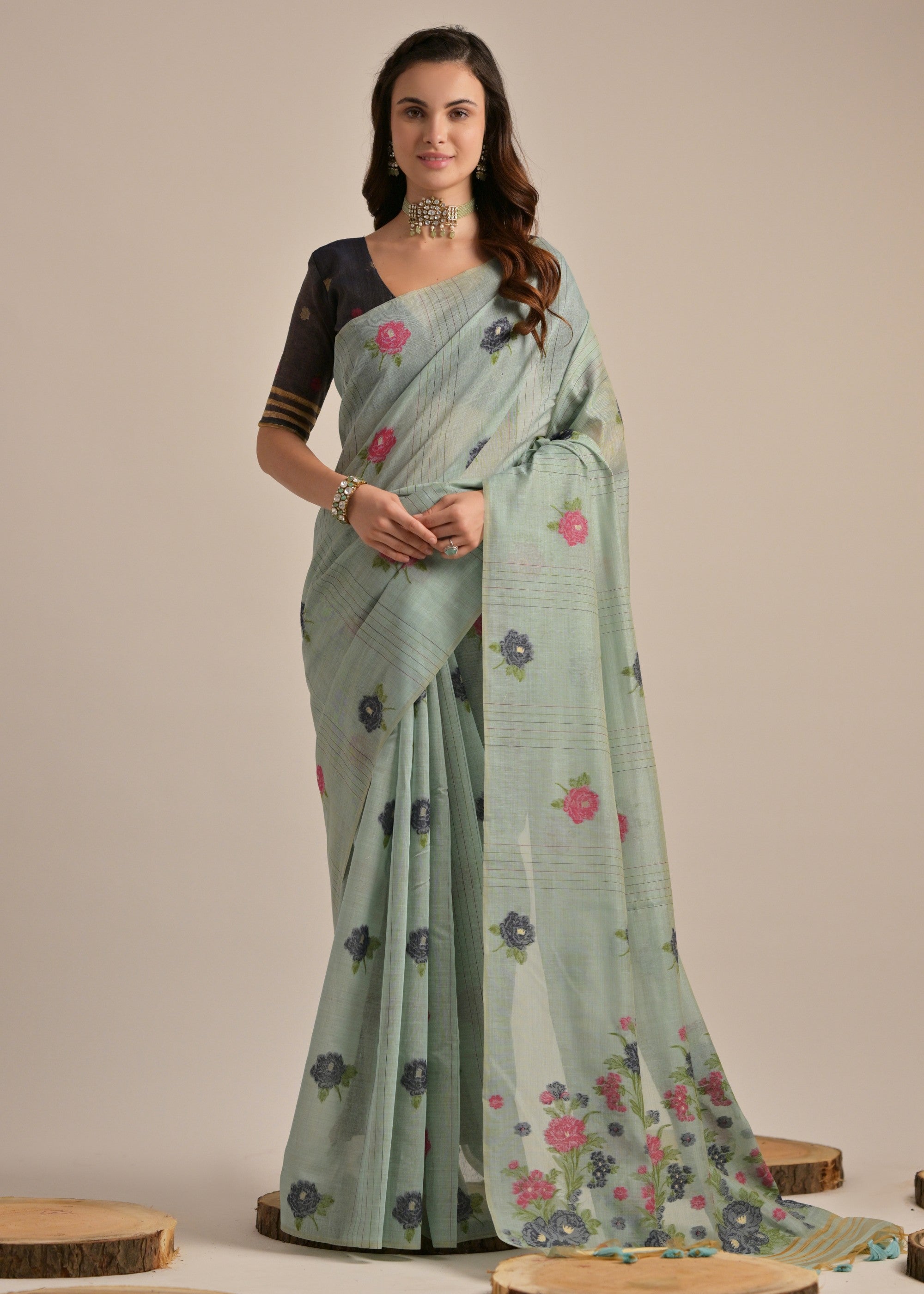 Cadet Blue Thread Woven Cotton Saree With Contrast Blouse - qivii