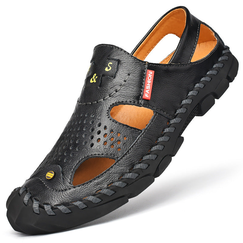 Flow Men’s Genuine Leather Summer Clogs – Breathable Closed-Toe Soft Sole Casual Beach Sandals (US7–11)