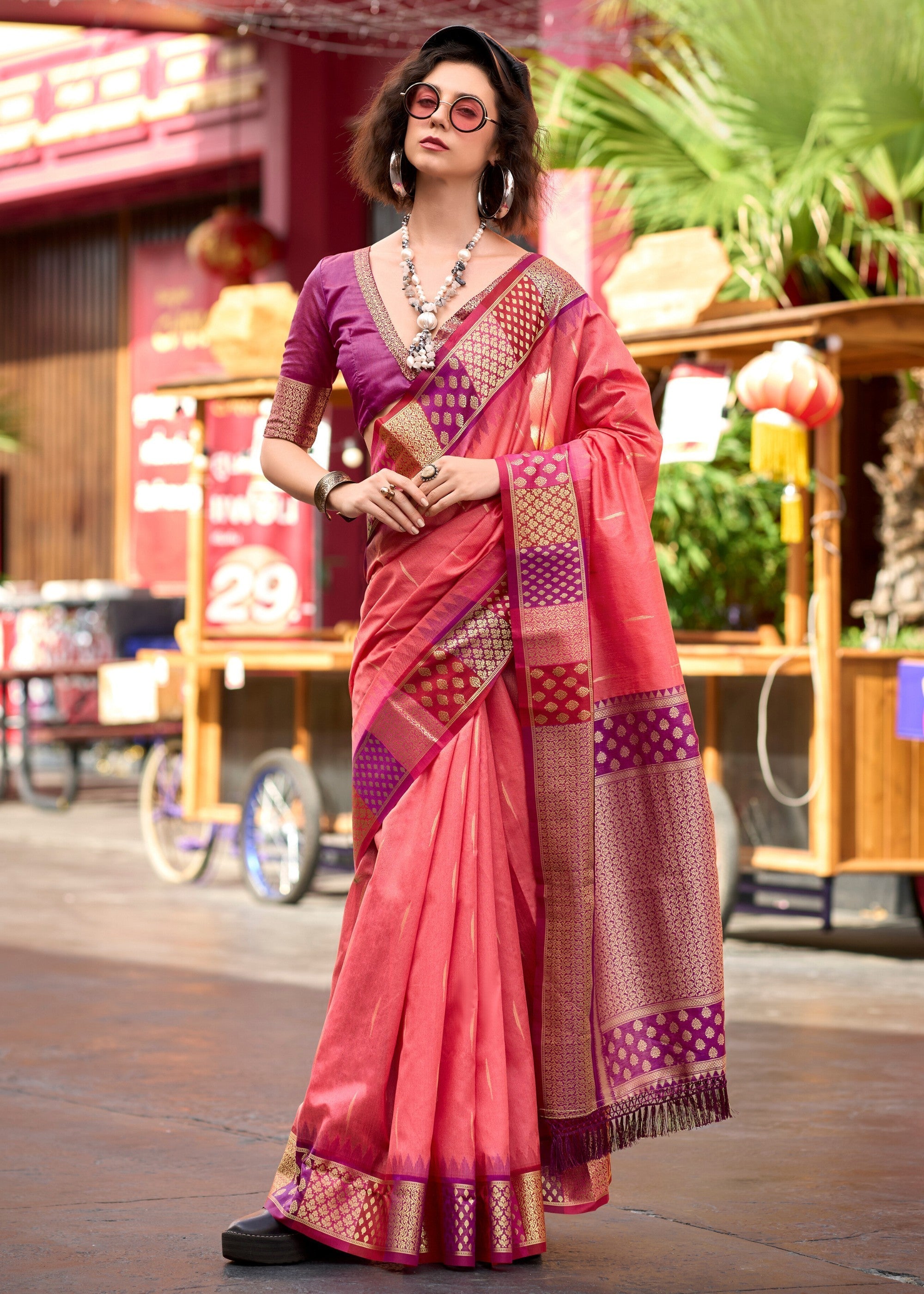Vivid Peach Banarasi Silk Saree With Beautiful Contrast Border - qivii