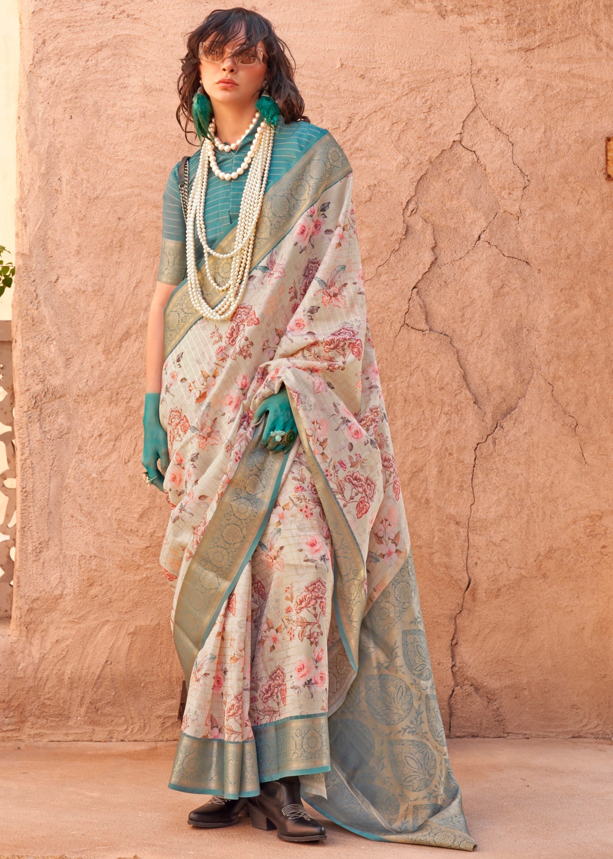 Green & Lavender Printed Handloom Georgette Saree - qivii