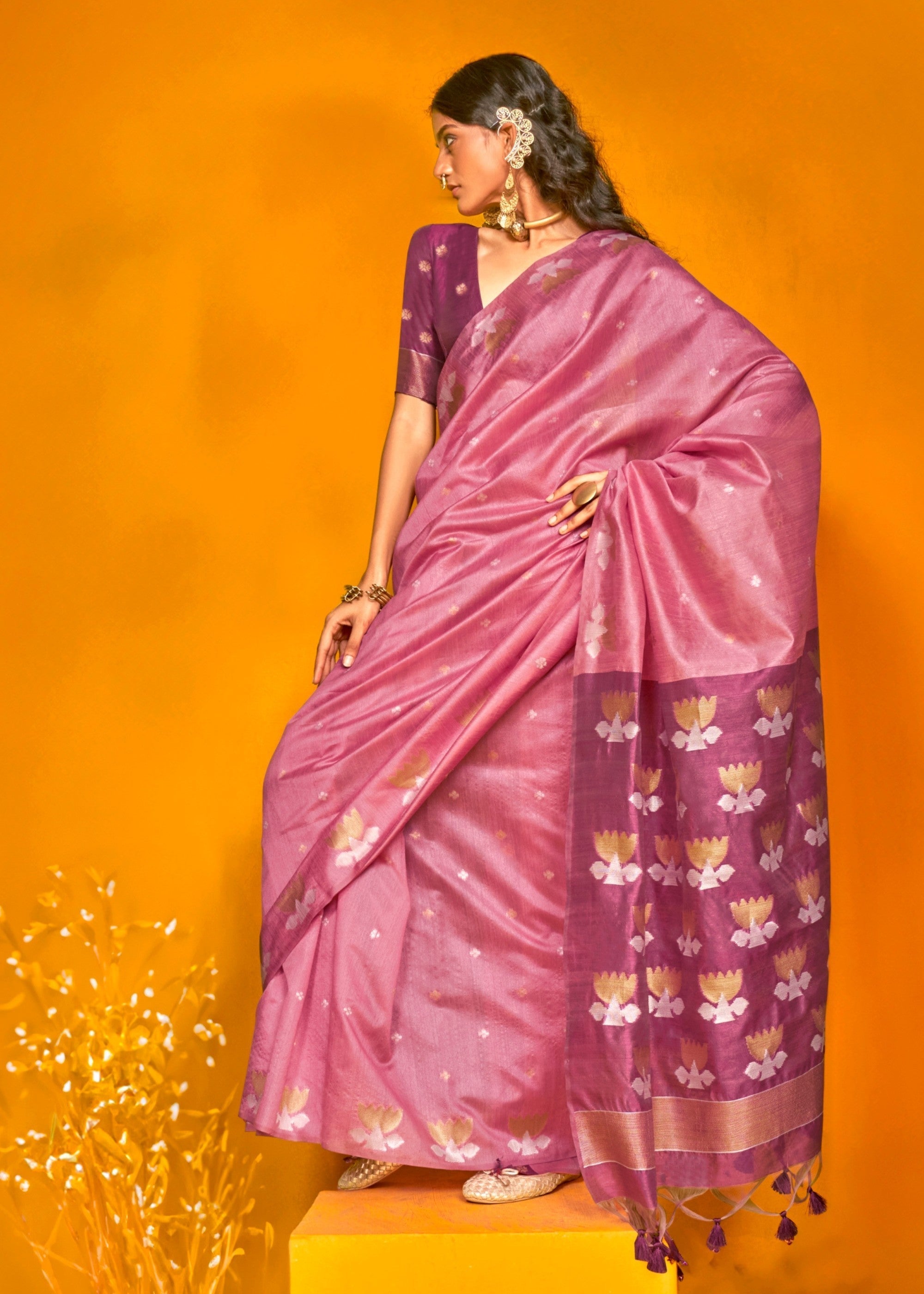 Purple Tussar Handloom Weaving Silk Saree - qivii