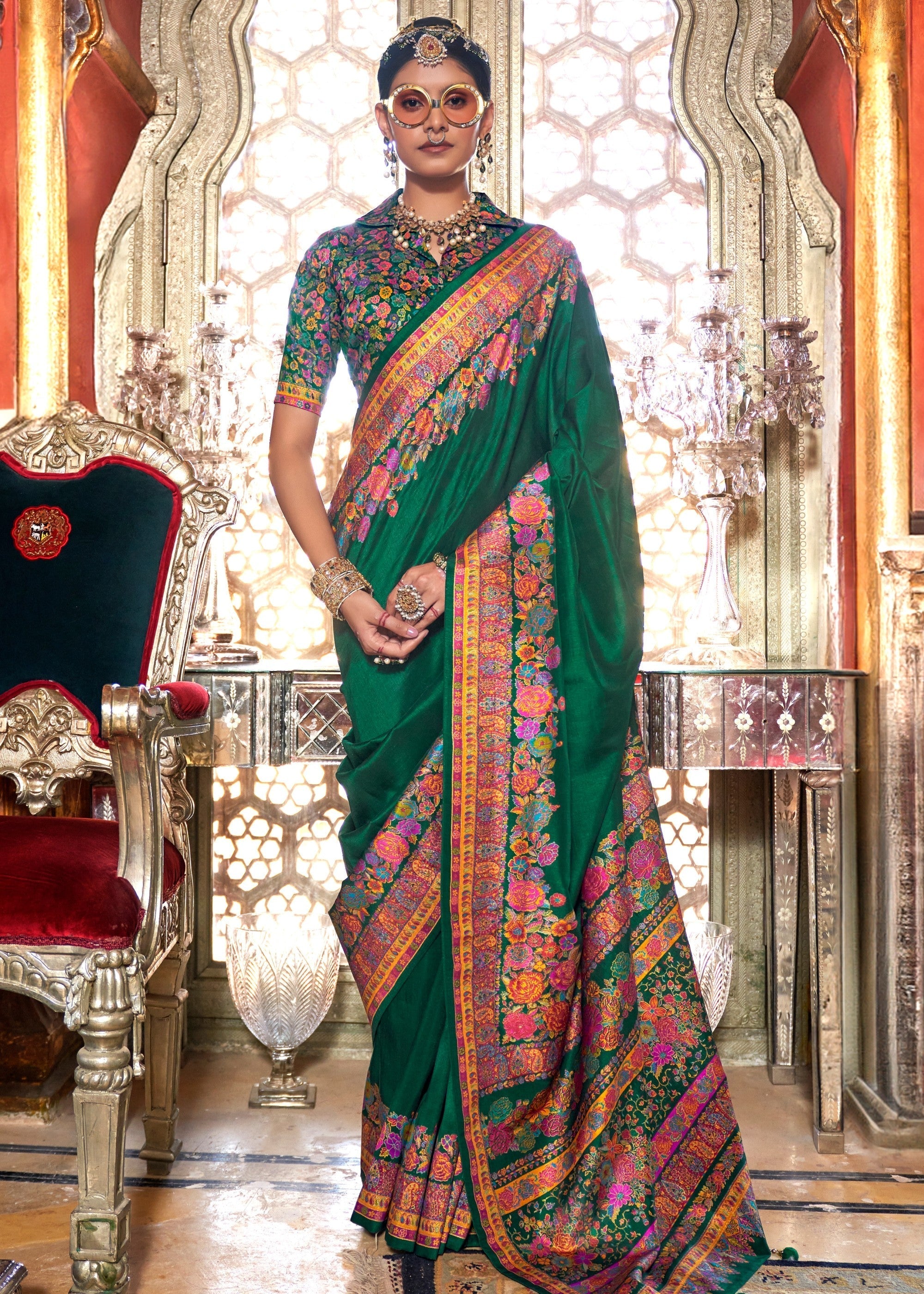 Pine Green Silk Saree With Luxury Print And Glory Finish - qivii