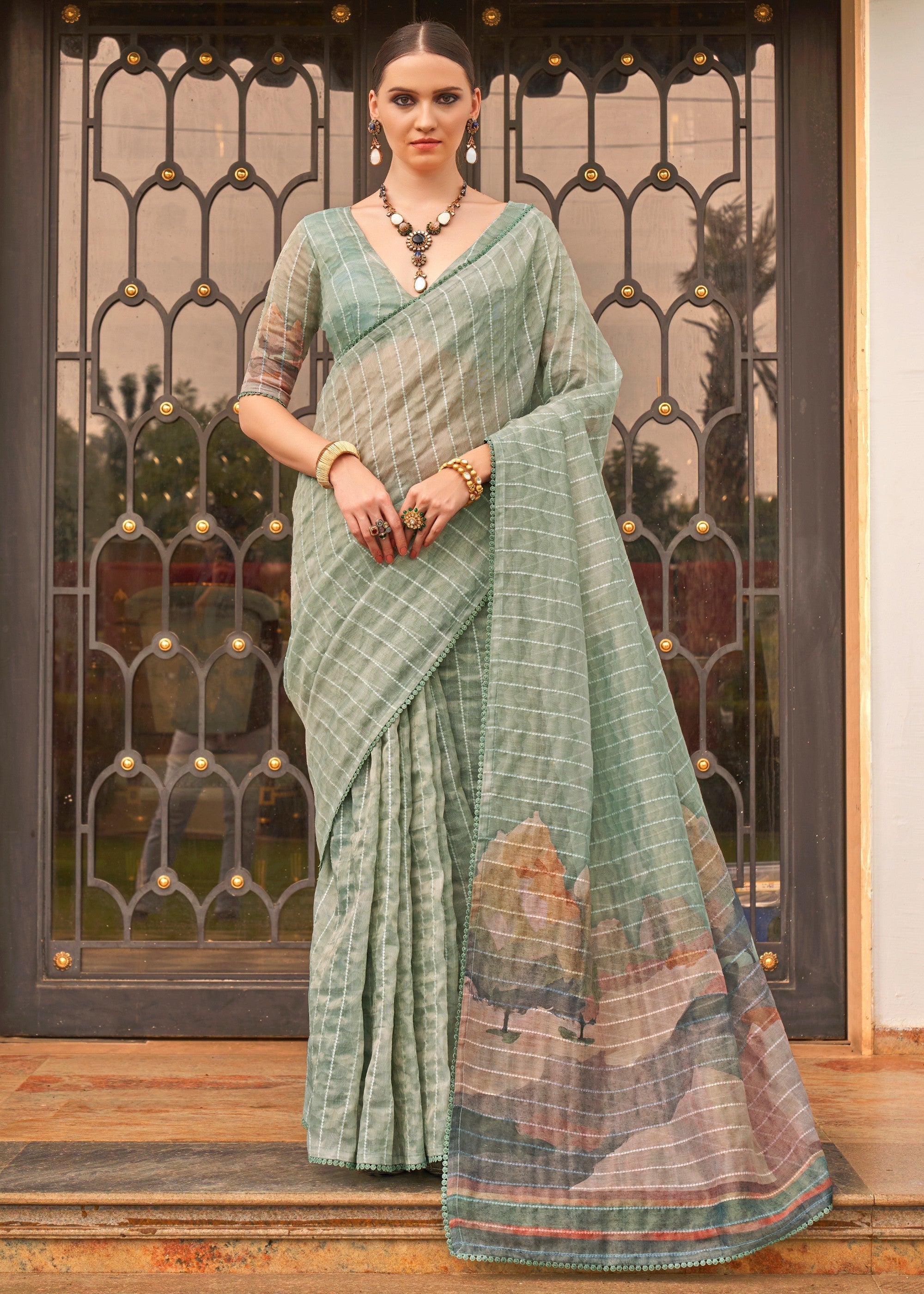 Mint Green Pure Tissue Silk Saree - qivii