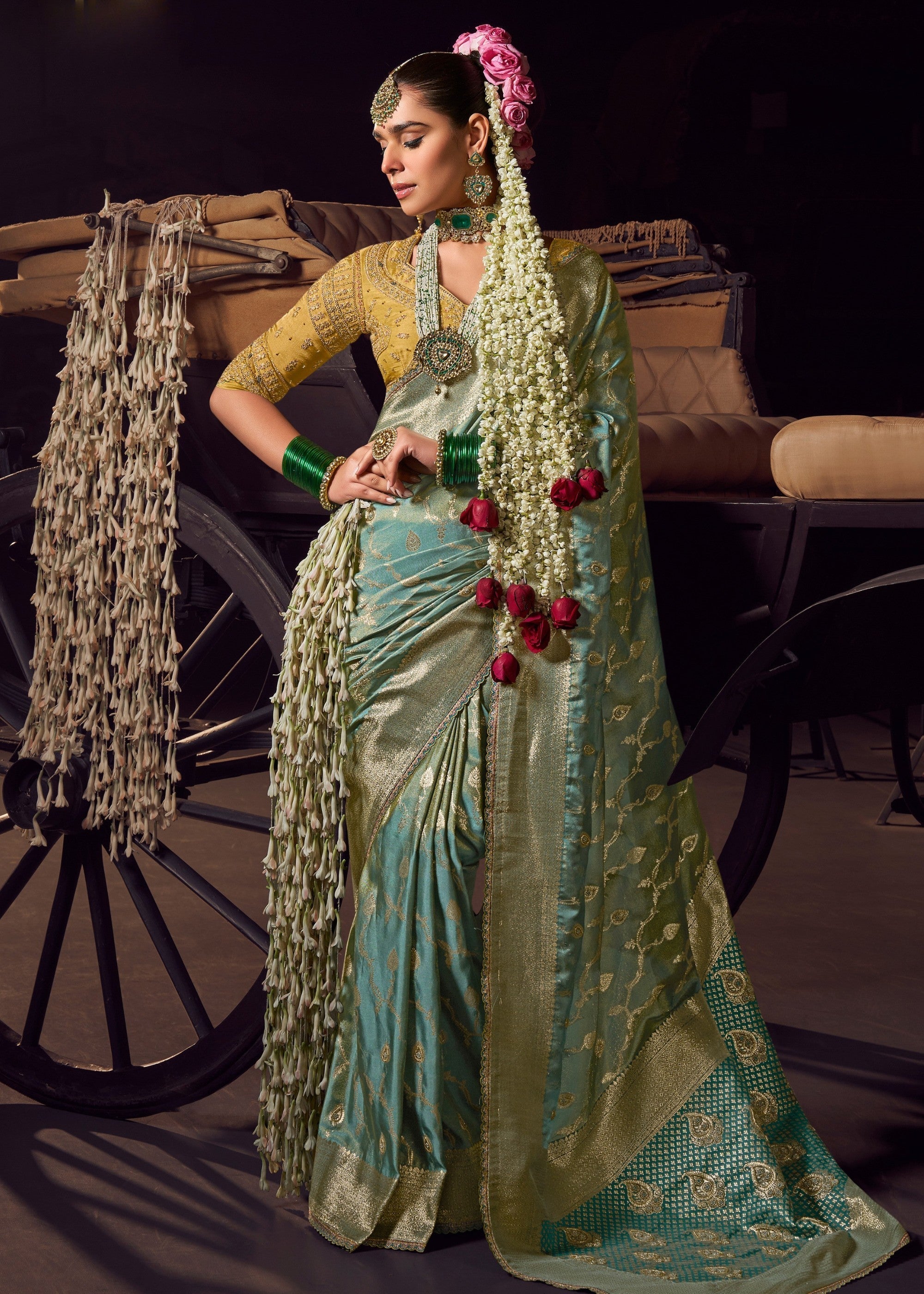 Frost Blue Viscose Tissue Silk Saree with Handworked Pallu And Contrast Designer Blouse - qivii