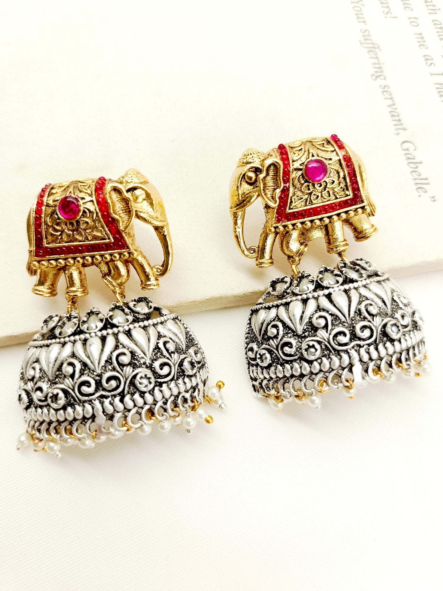 Ritvi Red Elephant Oxidized Earrings - qivii