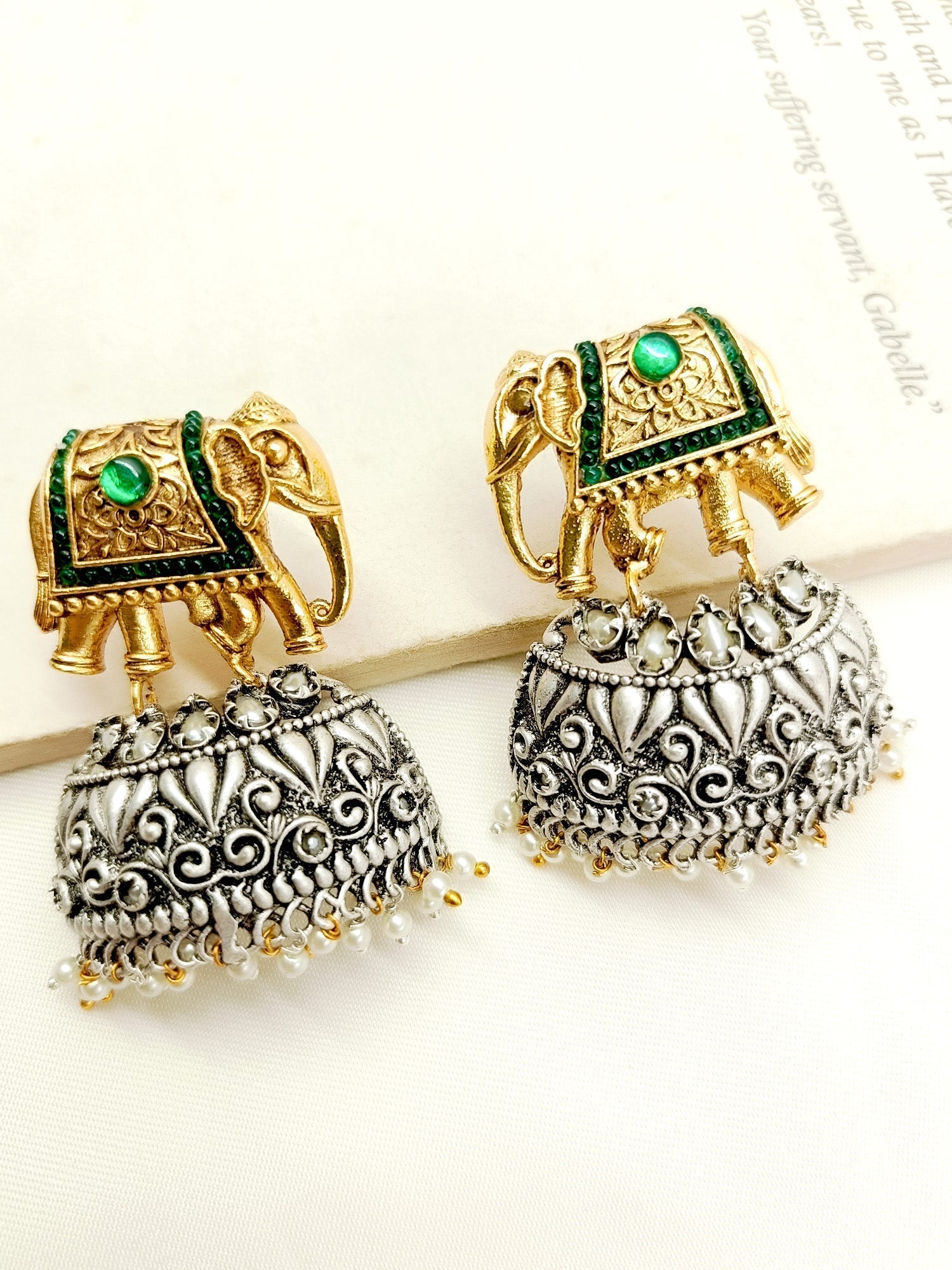 Baani Green Elephant Oxidized Earrings - qivii