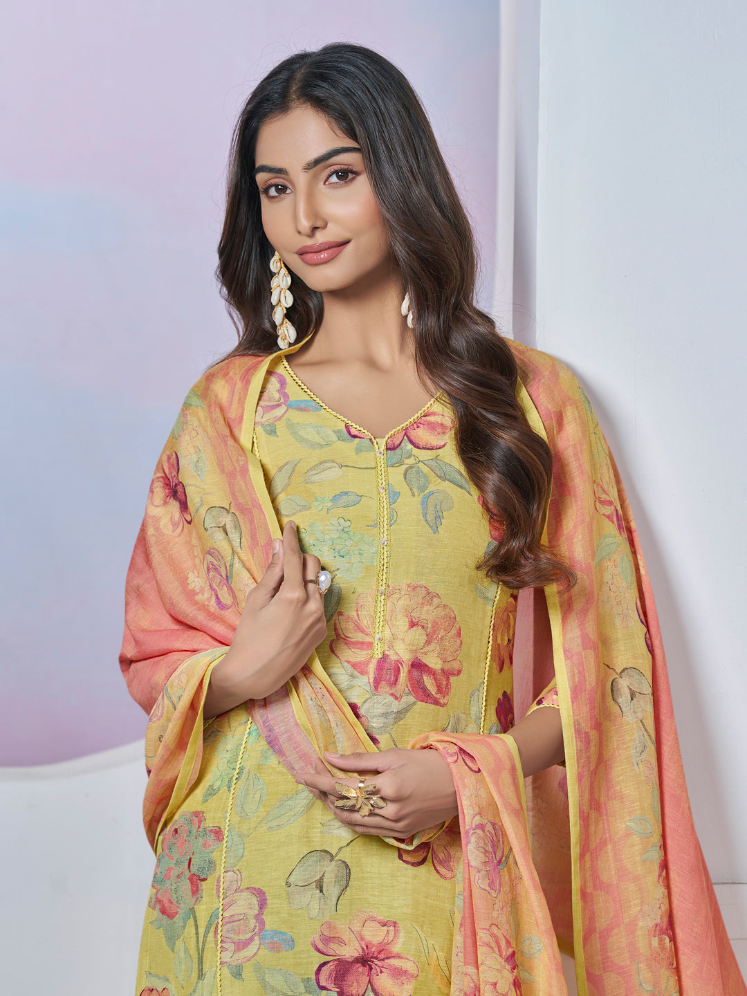 YELLOW PRINTED WITH LACE WORK STRAIGHT KURTA WITH DYED TROUSERS AND PRINTED DUPATTA