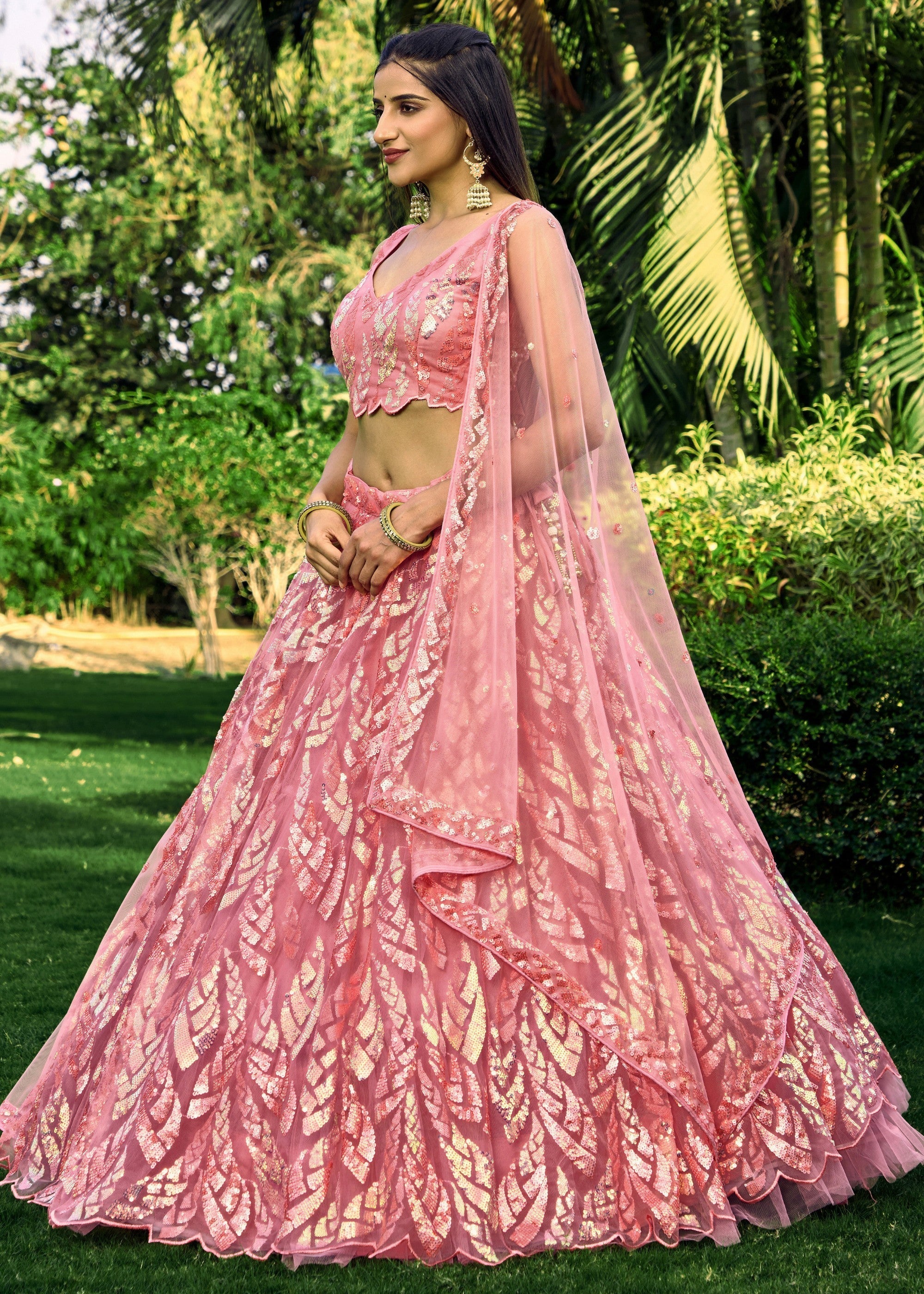 Baby Pink Net Lehenga Choli With Multiple Sequins And Thread Embroidery Work | Ready To Wear - qivii