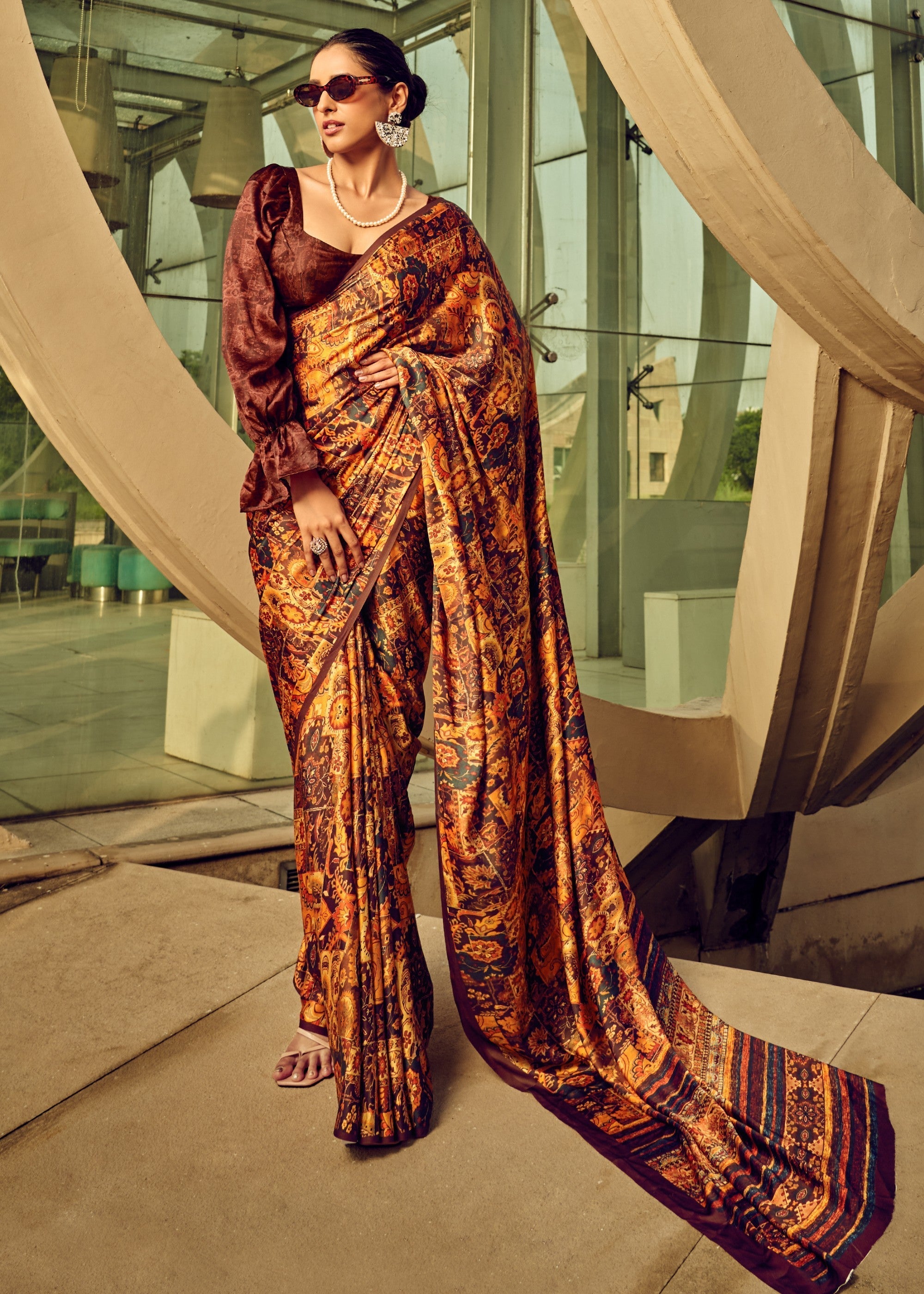 Brown Satin Digital Printed Saree - qivii