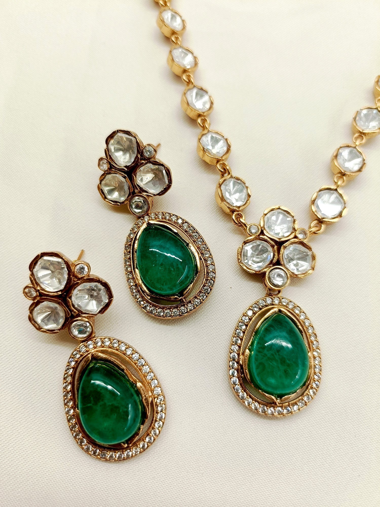 Exquisite Chaya Emerald Kundan Necklace Set with intricate gold details