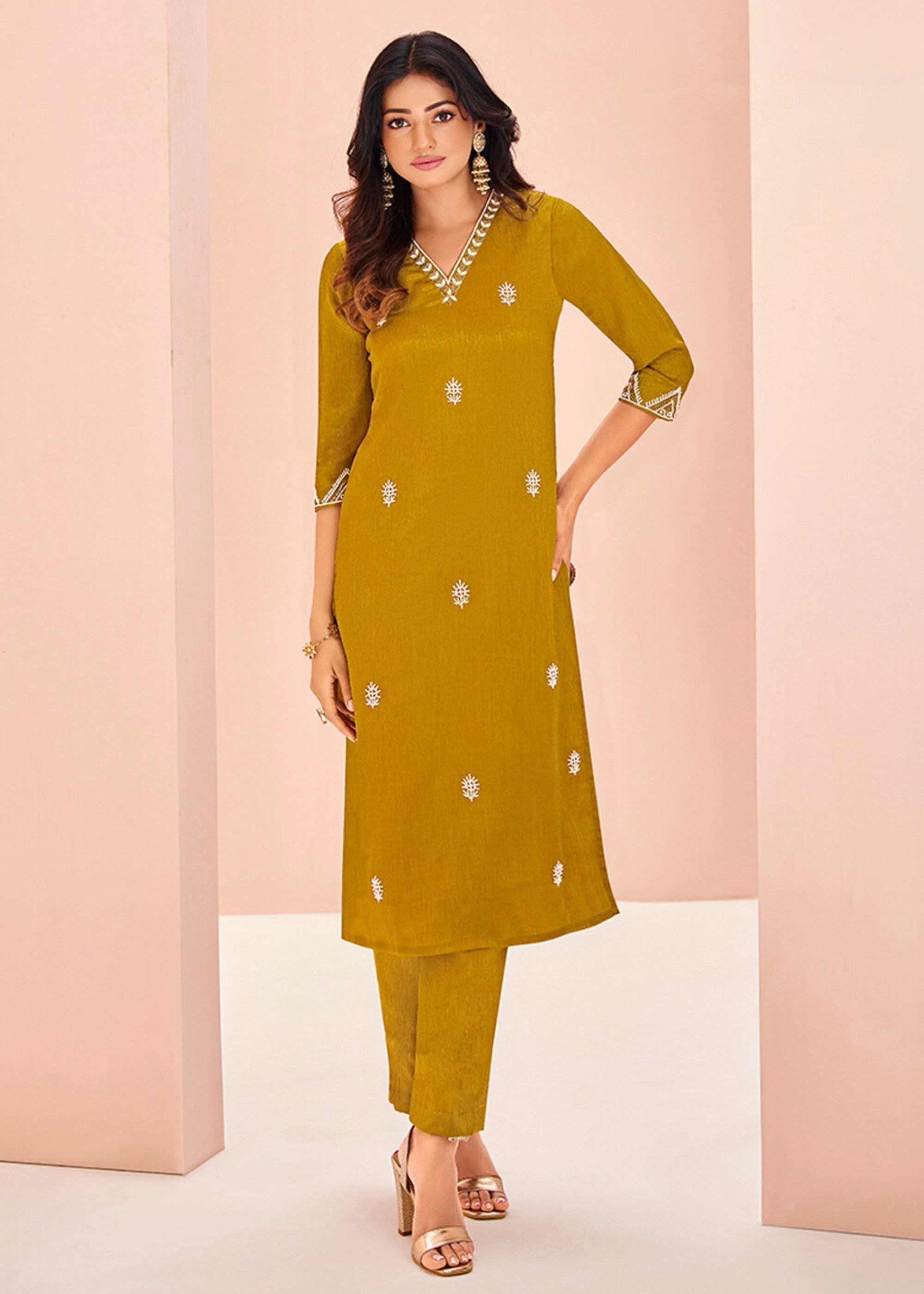 Chinon Mustard Handwork Kurta with Trouser - qivii