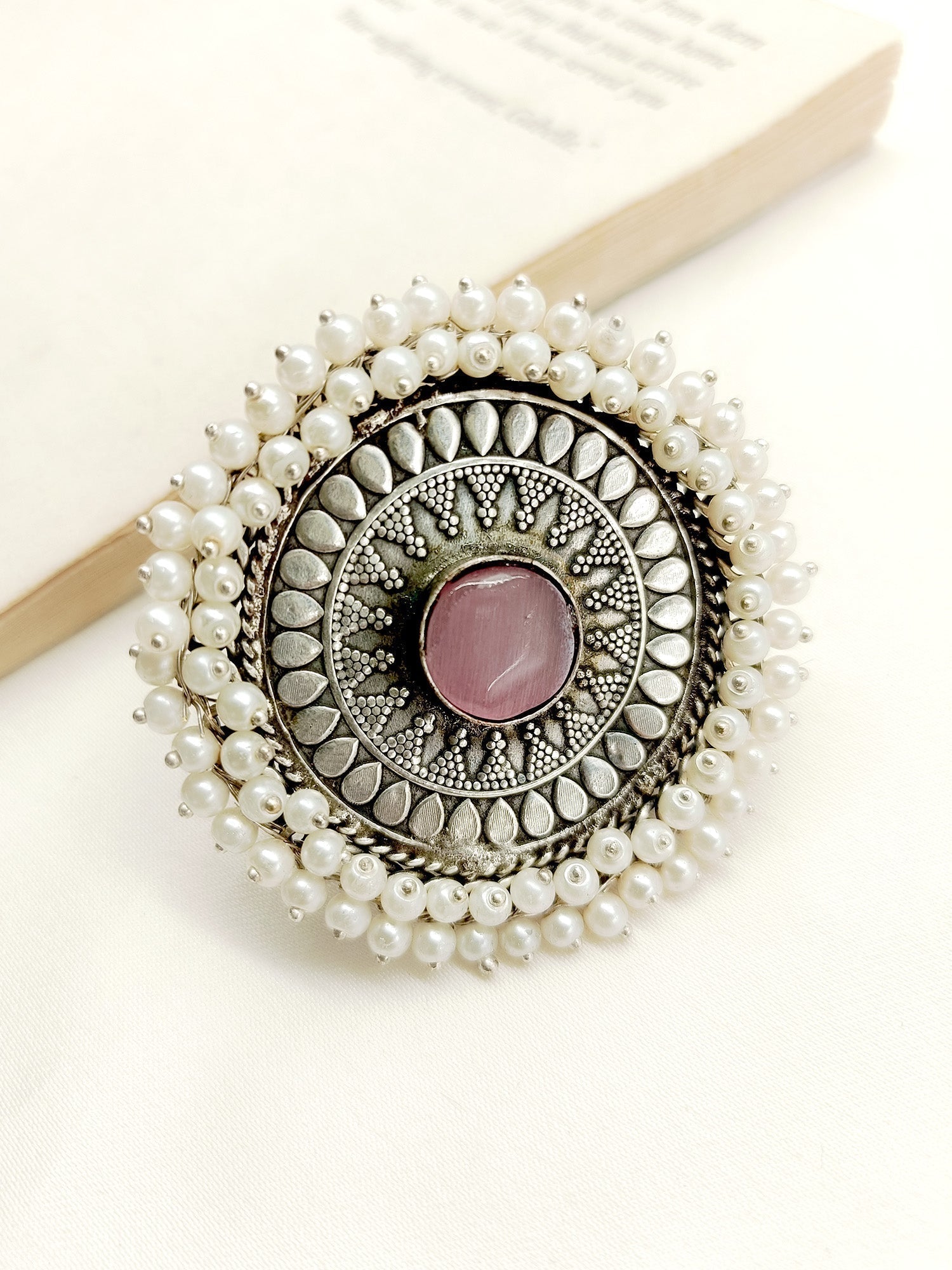 Shireen Baby Pink Oxidized Finger Ring - qivii