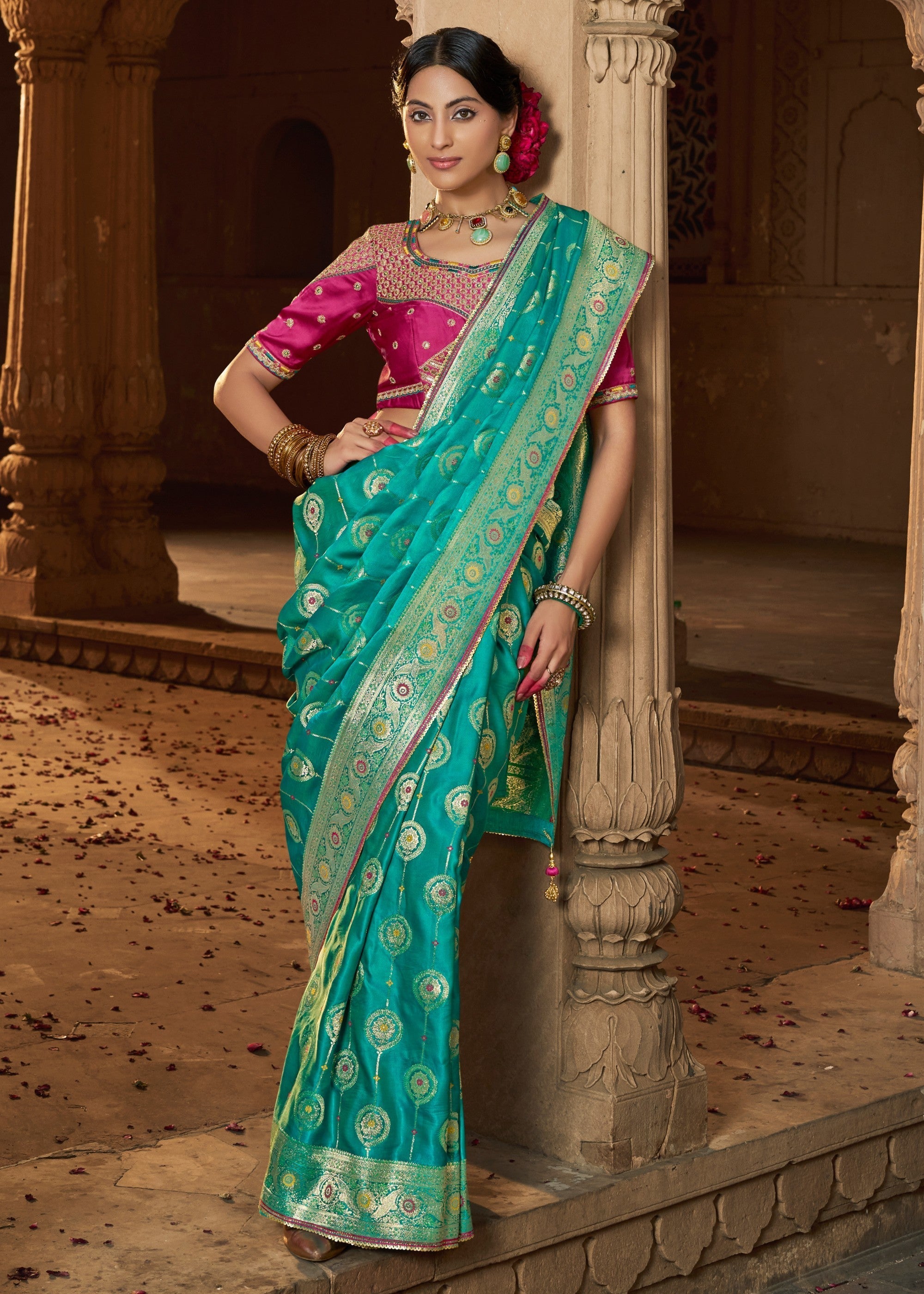 Persian Green Satin Silk Saree With Beautiful Lace Border And Heavy Designer Embroidered Blouse - qivii