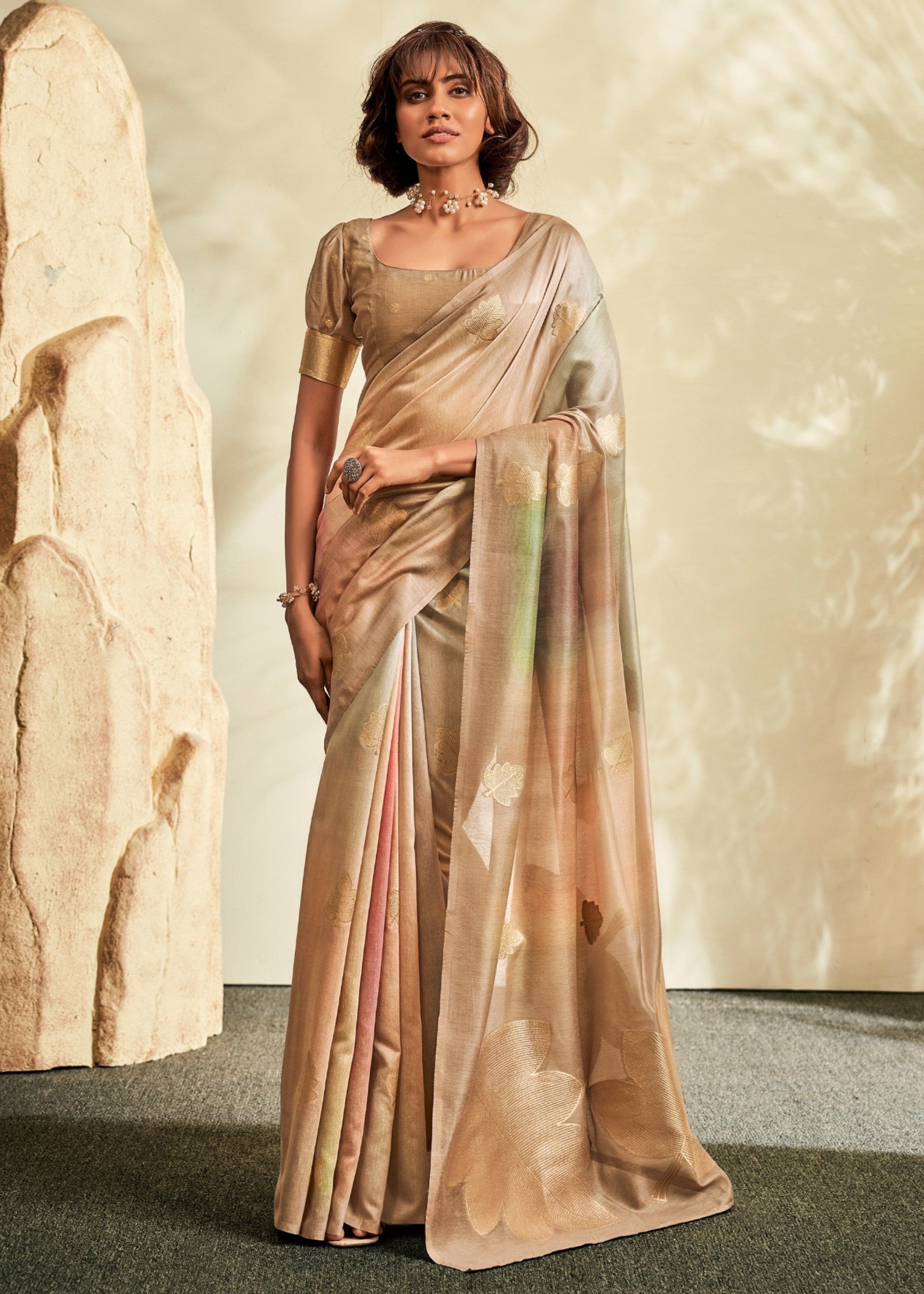 Beige Golden Handloom Khadi Silk with Digital Print - qivii