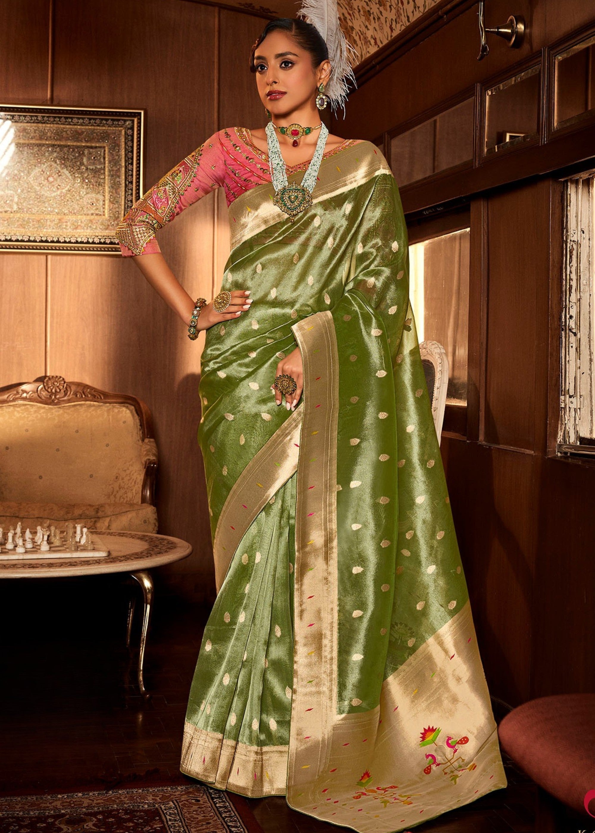 Pear Green Pure Tissue Paithani Silk Saree with Heavy Designer Embroidered Blouse - qivii