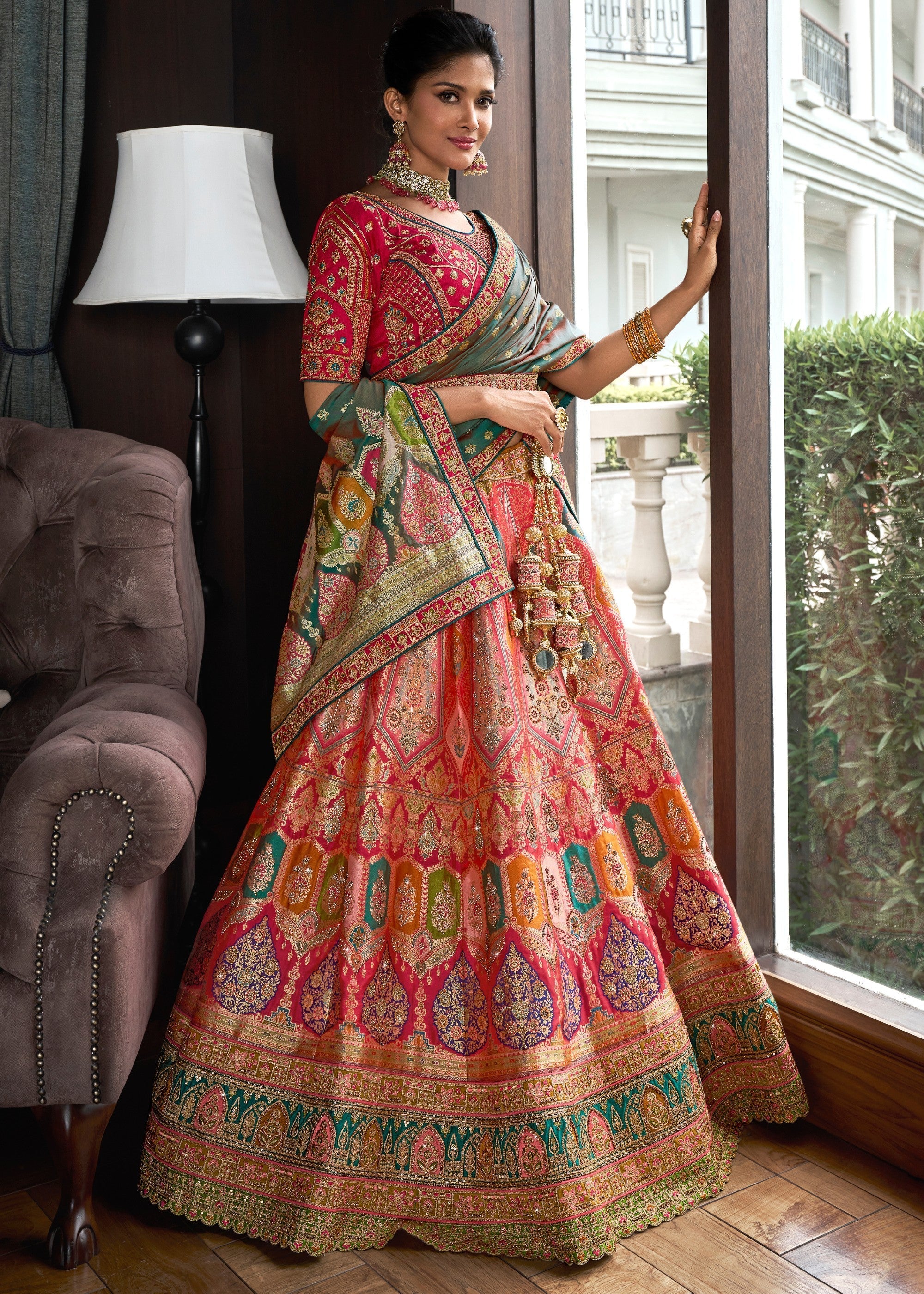 Jade Green & Pink Banarasi Silk Lehenga with Zarkan Codding work | Ready To Wear - qivii