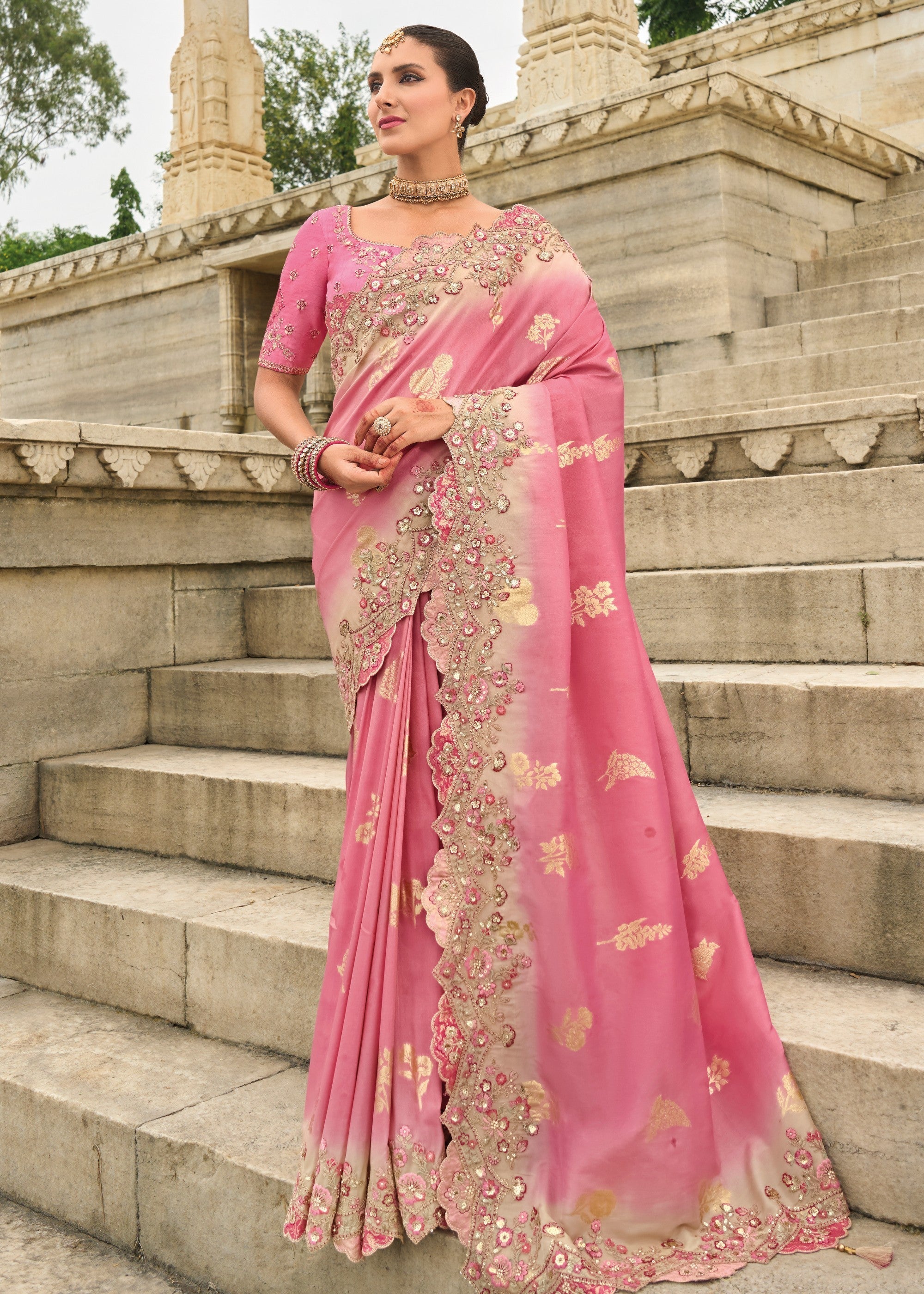 Blush Pink Viscose Tissue Silk Saree With Embroidery Cut Work Border And Sequence Work - qivii