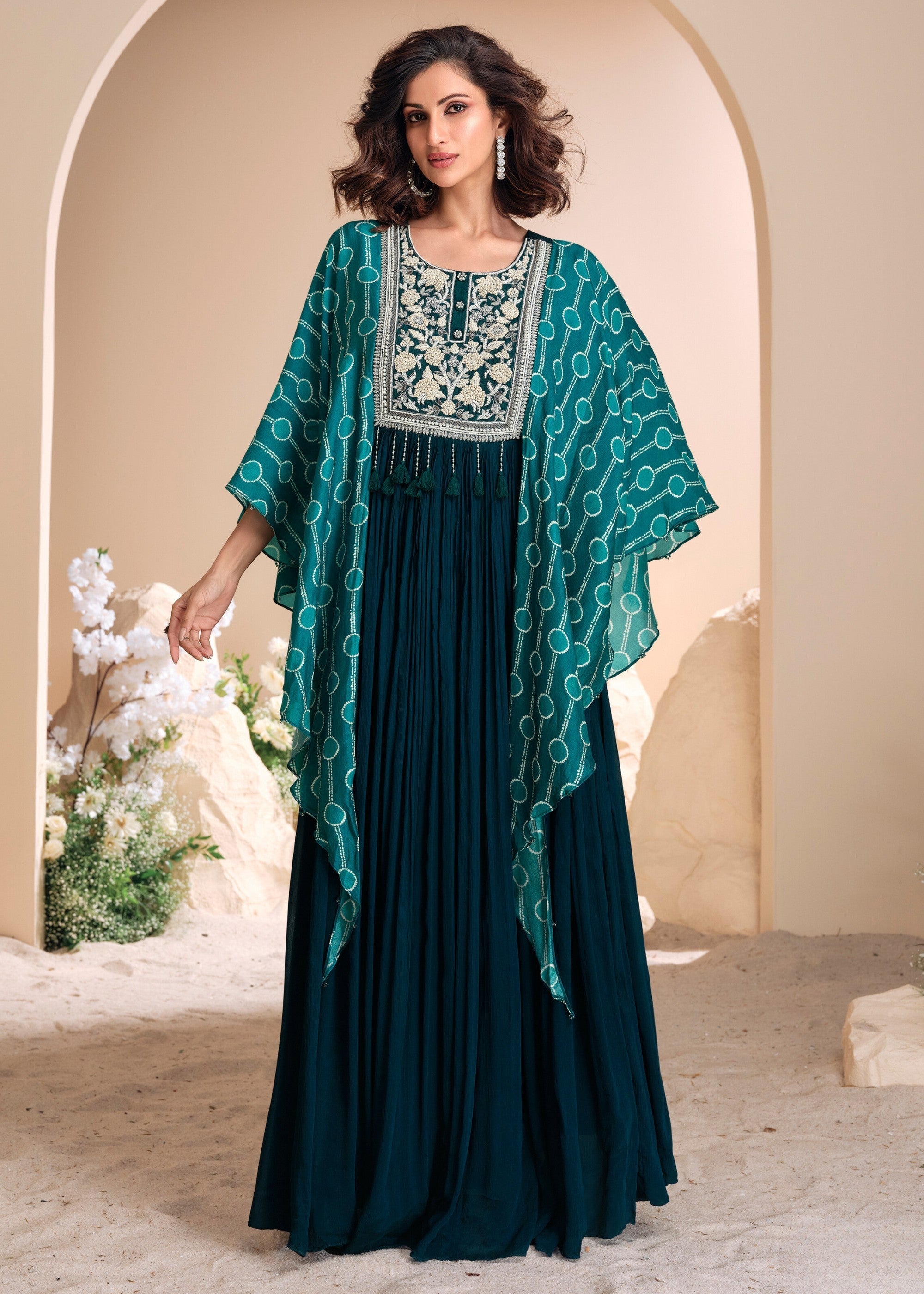 Prussian Blue Moti Embroidered Chinon Silk Gown With Digital Sleeves - qivii