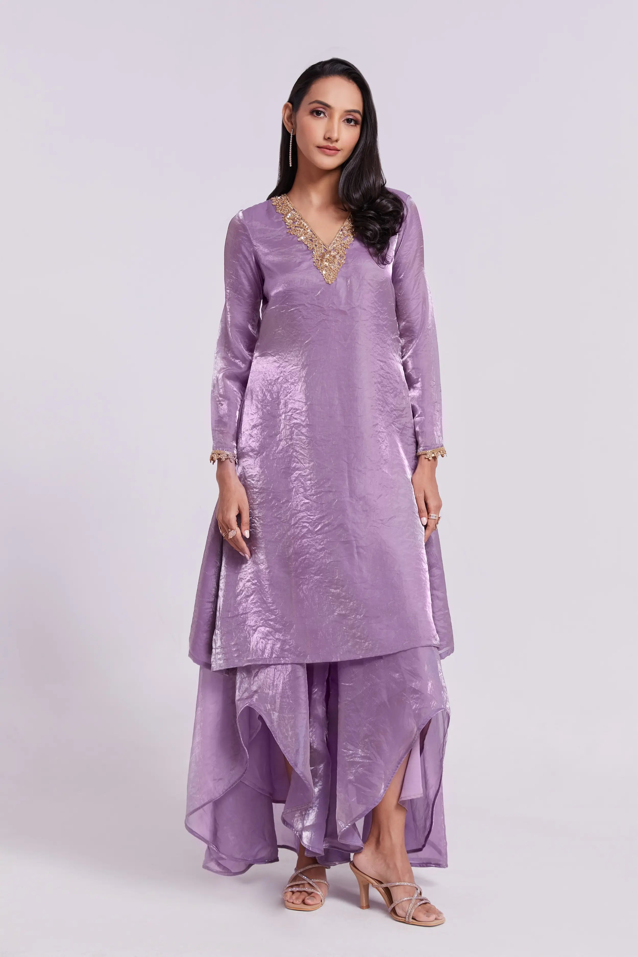 Lilac Purple Pure Organza Salwar Suit With Handwork - qivii