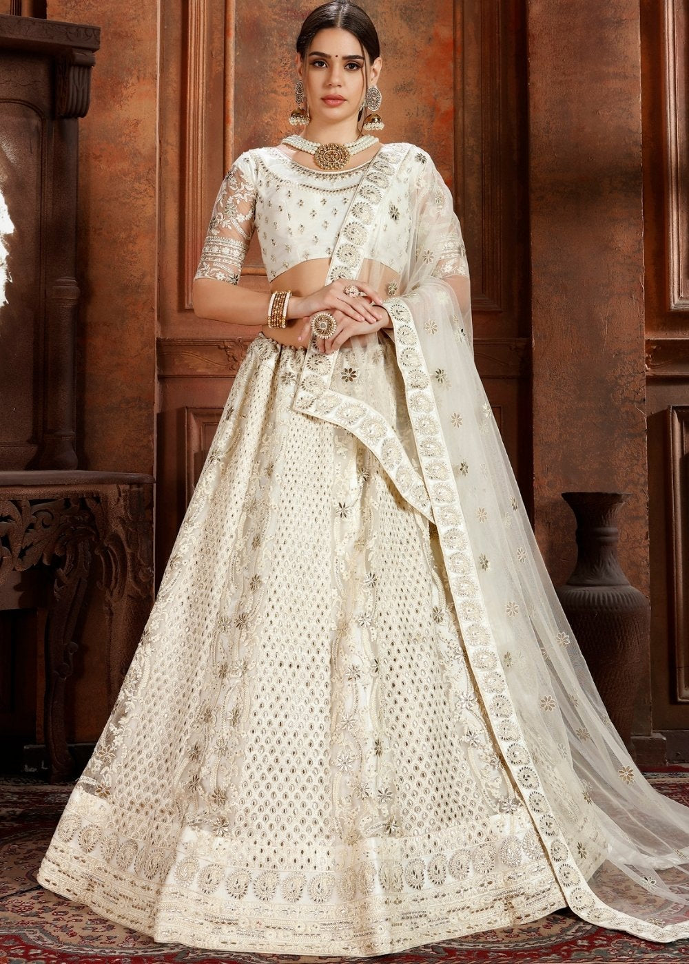 Daisy White Soft Net Lehenga Choli with Thread,Zari, Zarkan & Pearl work | Ready To Wear - qivii
