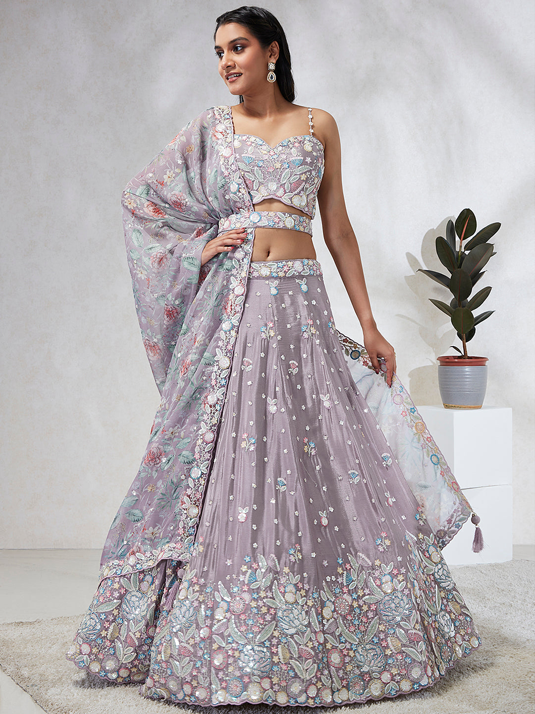 Lavender - Multi Color Chiffon Embroidered using Sequins,Thread & Coding Semi-Stitched Lehenga choli - qivii