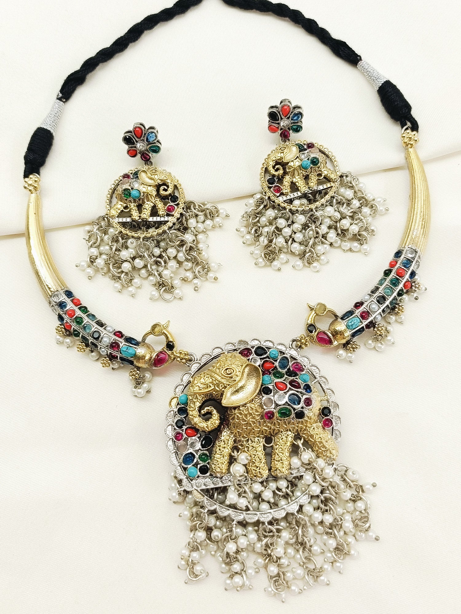 Yasodananda Multi Colour Oxidized Hasli Styled Necklace Set