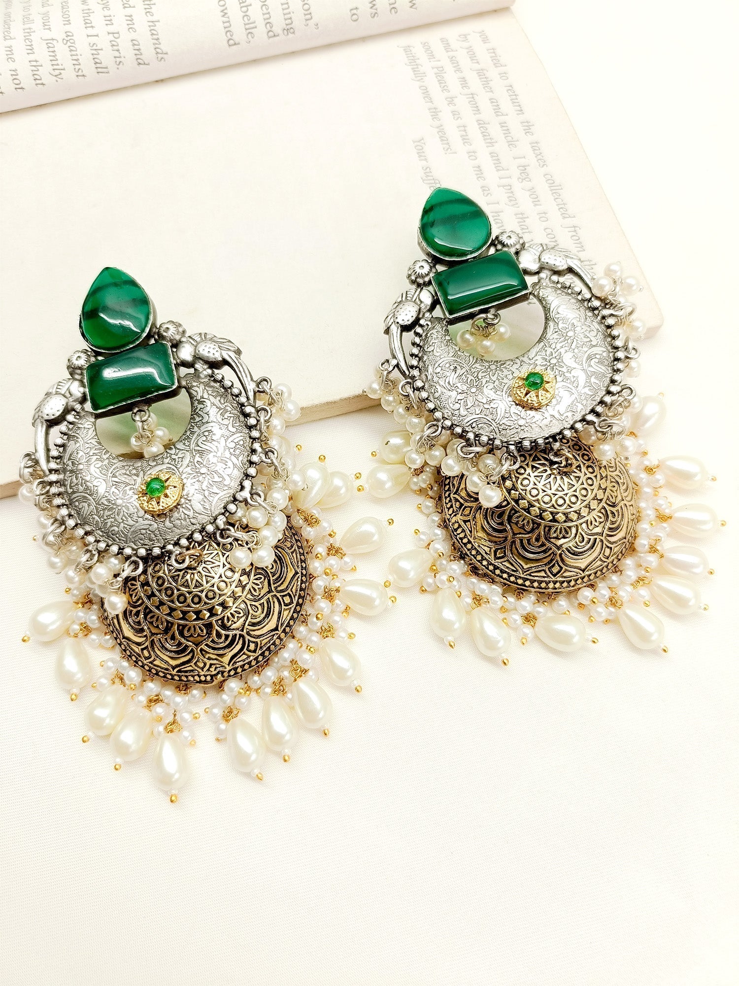 Abaya Green Oxidized Jhumki - qivii