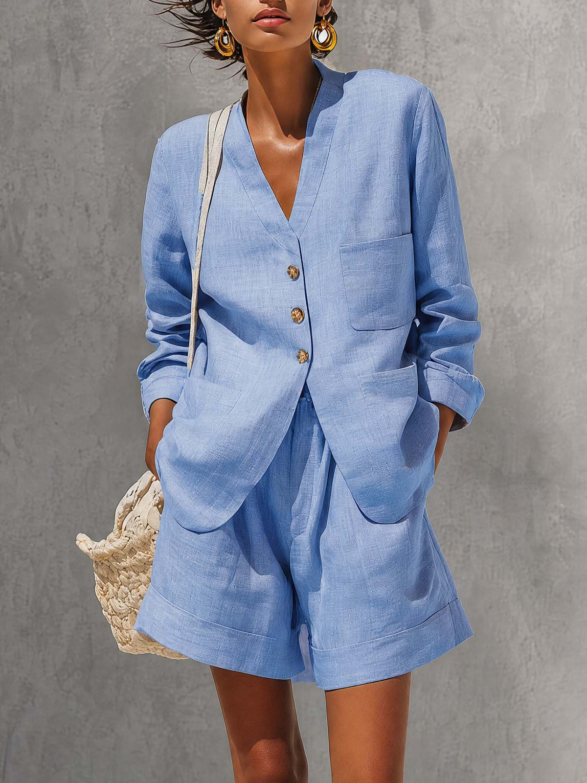 Casual Blue Cotton And Linen V-neck Top And Wide Leg Shorts Set - By Qivii