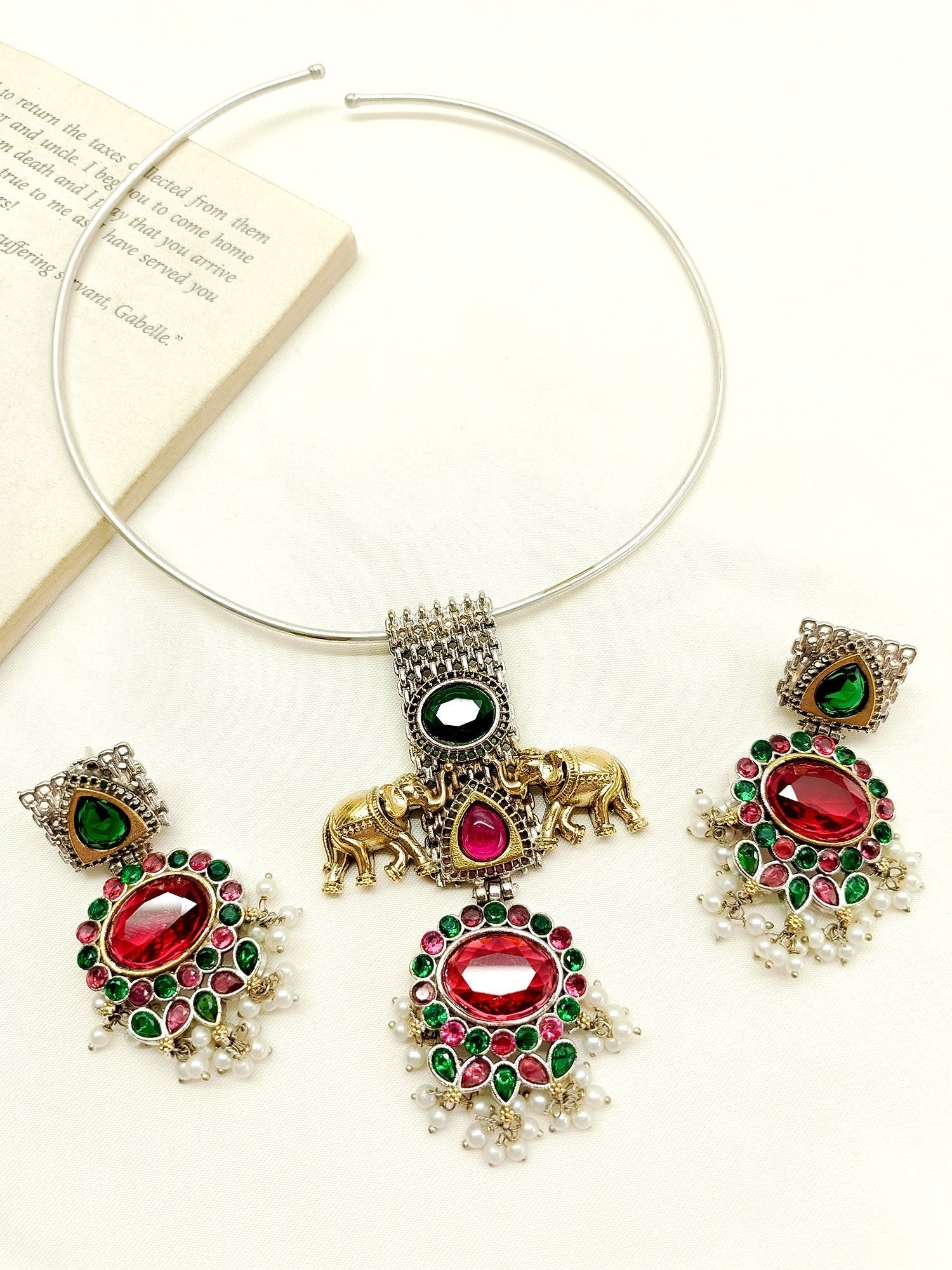 Delja M & G Elephant Oxidized Hasli Style Necklace Set - qivii