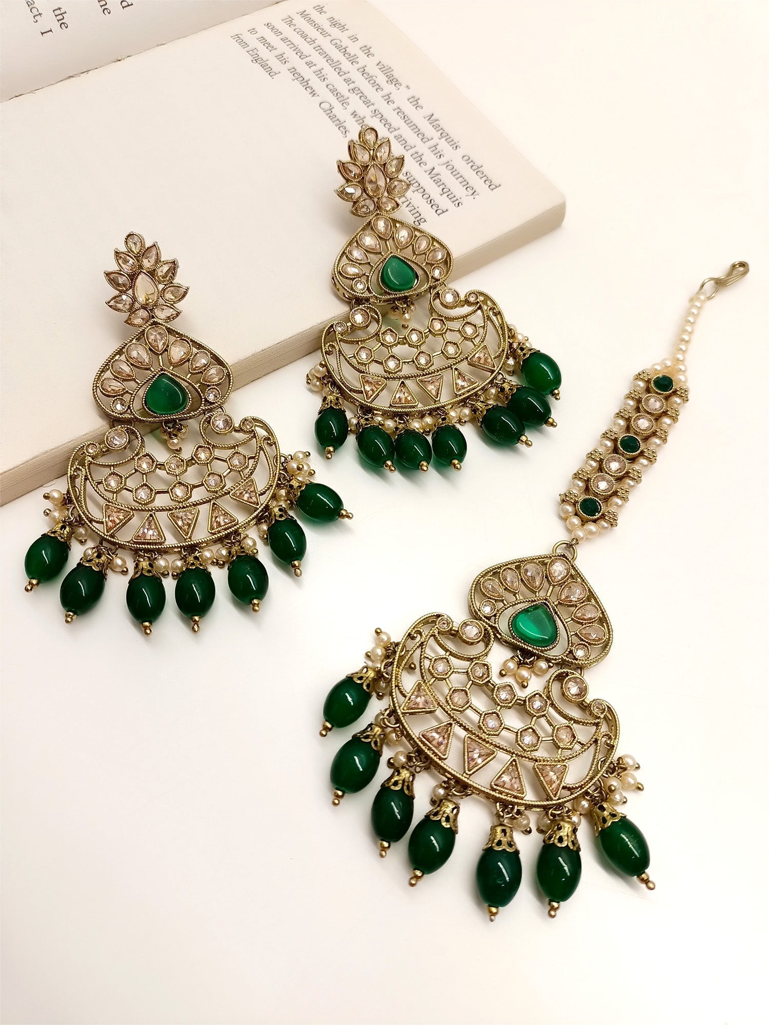 Umrao Green Polki Earrings With Teeka - qivii