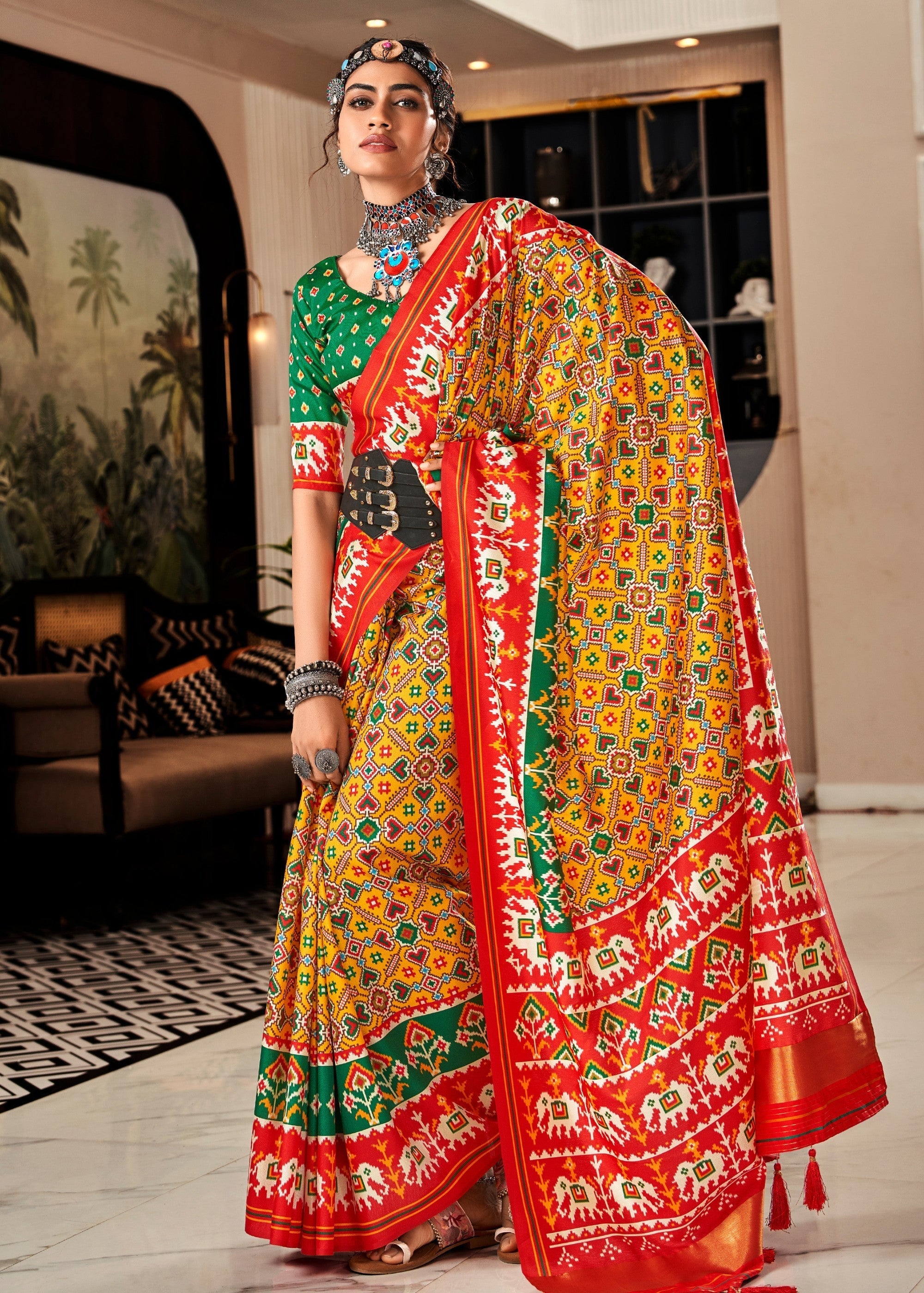 Saffron Yellow Tussar Silk Saree With Beautiful Patola Print - qivii