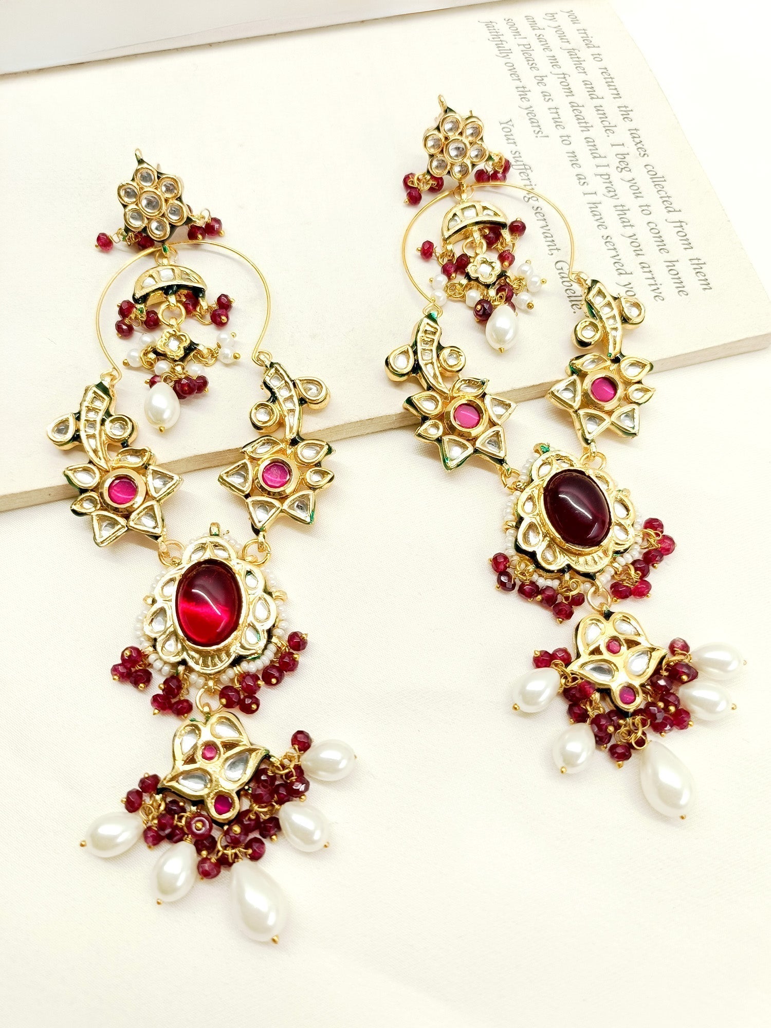 Neeya Long Kundan Earrings With Ruby Stone and Pearl Hangings