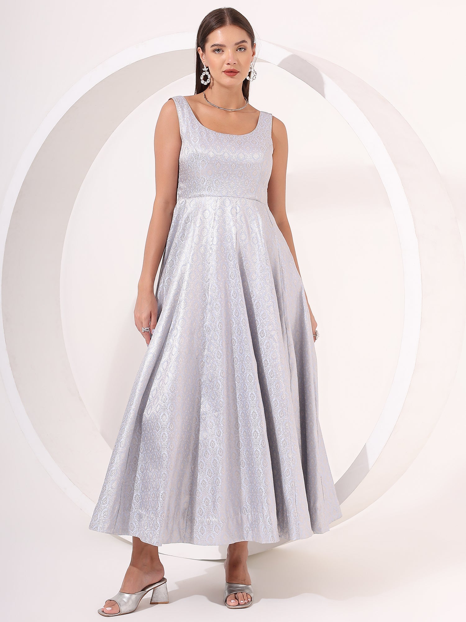Powder Blue Silver Brocade Anarkali Gown - qivii