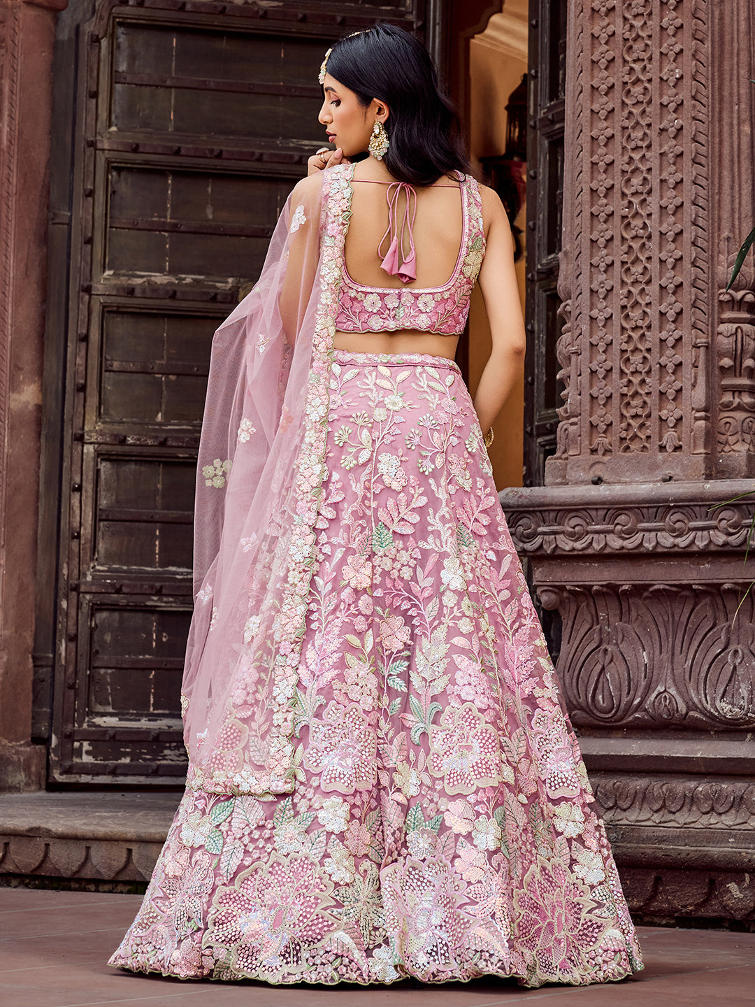 PINK - Net Fabric Sequins embroidery Semi-Stitched Lehenga & Unstitched Blouse With Dupatta