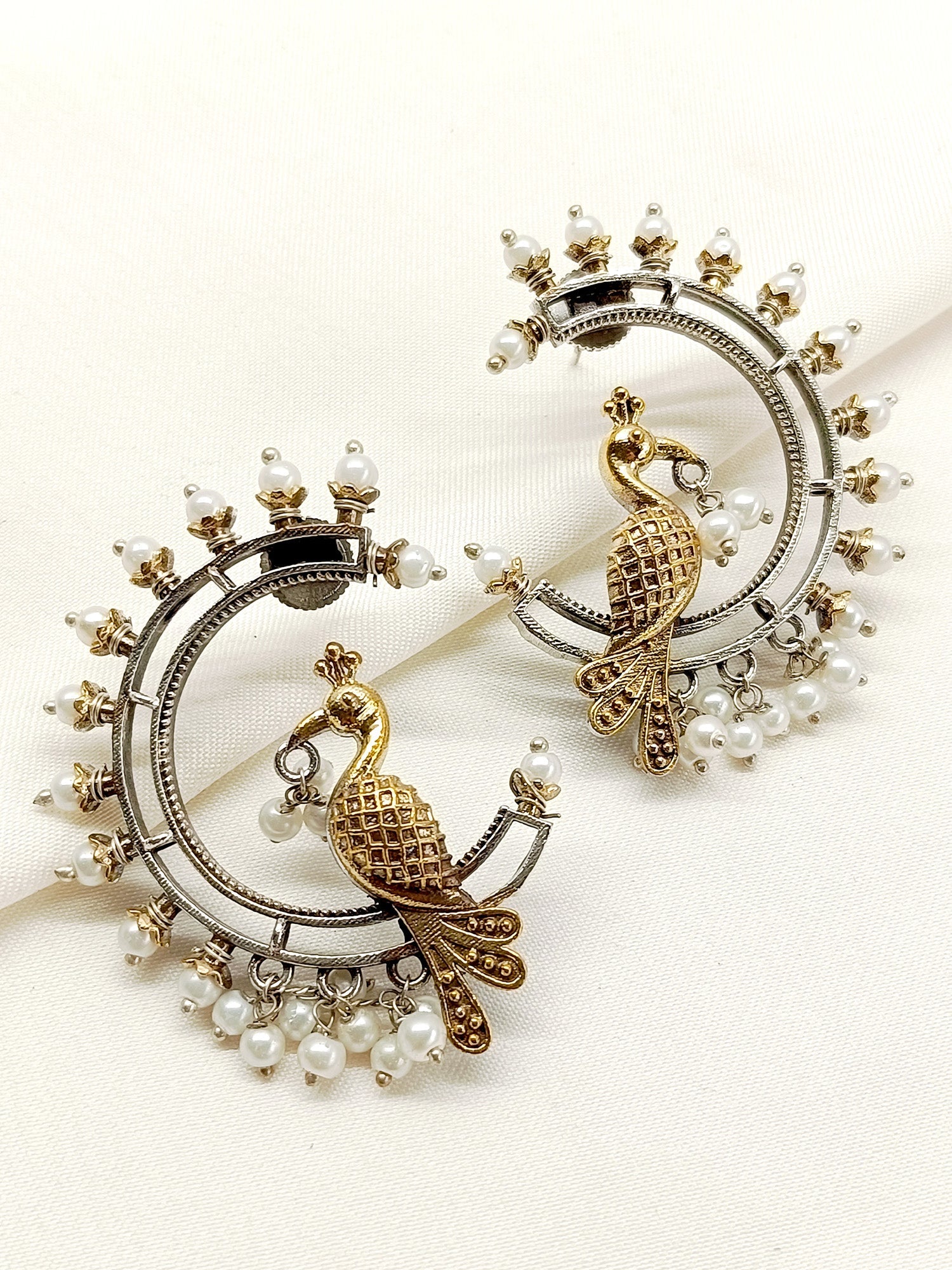 Rania White Pearl Peacock Oxidized Earring