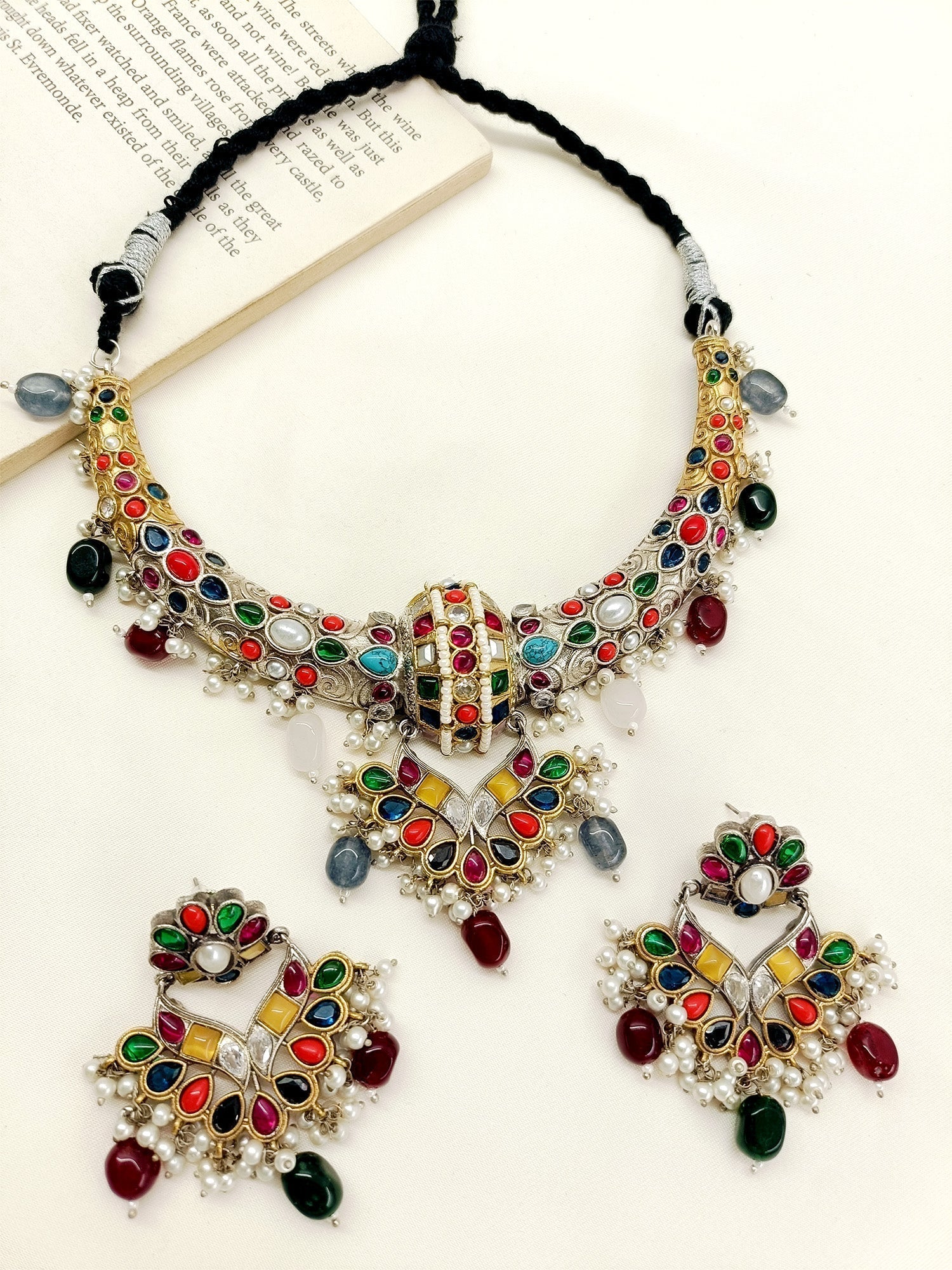 Naija Multi Colour Oxidized Hasli Style Necklace Set - qivii
