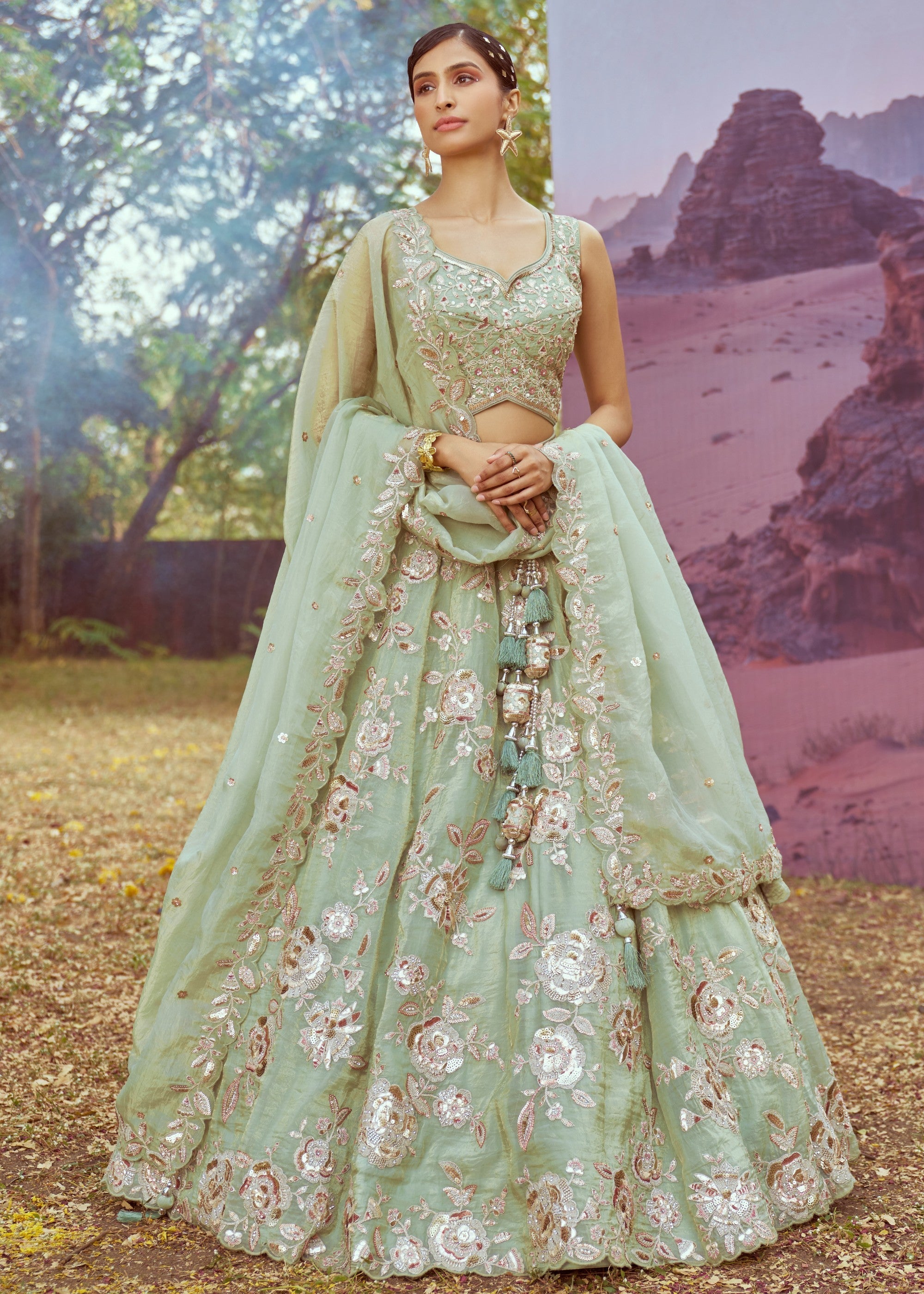 Lime Green Organza Sequins embroidery Lehenga | Ready To Wear - qivii