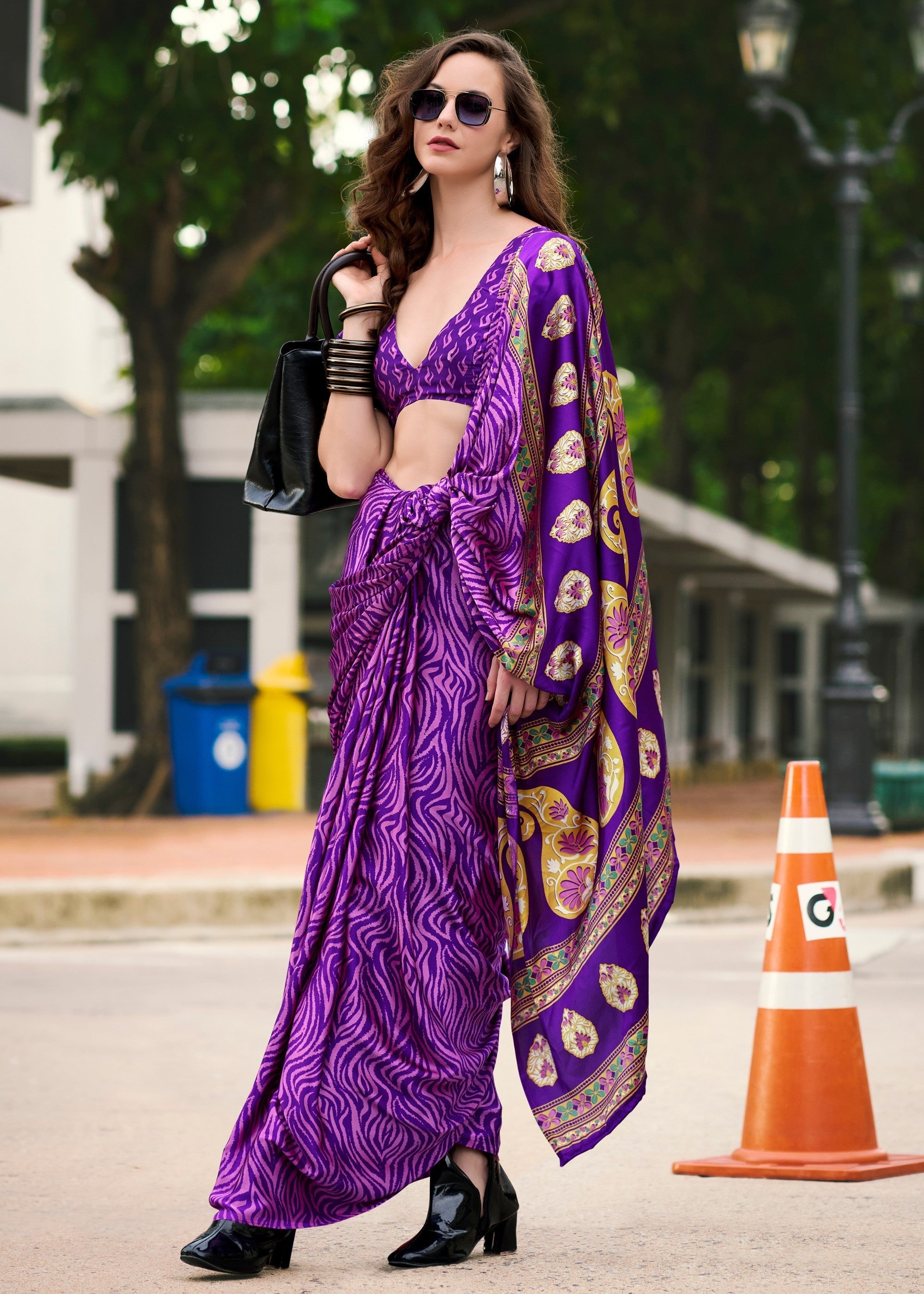 Violet Purple Printed Satin Silk Saree - qivii