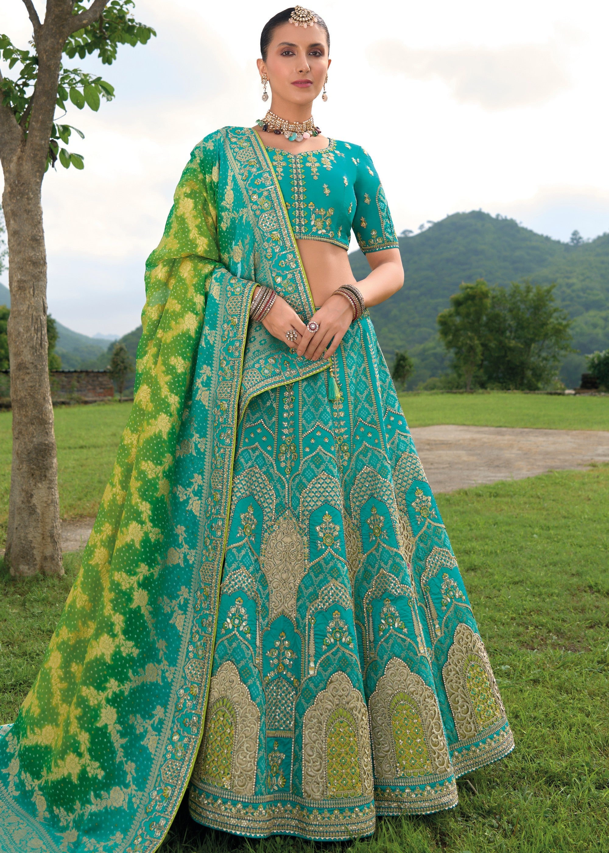 Teal Blue Banarasi Silk Lehenga With Heavy Embroidery Work | Ready To Wear - qivii