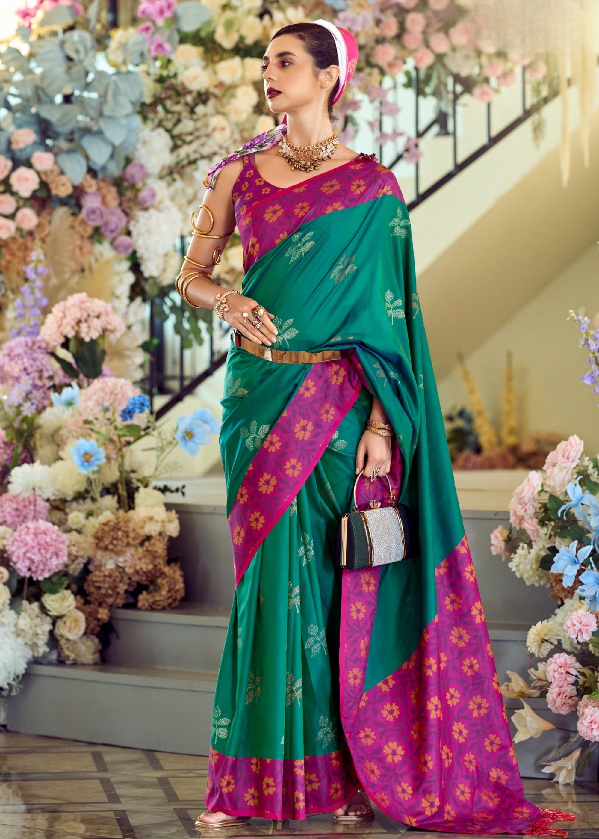 Pine Green Soft Silk Saree With Ikkat Border - qivii